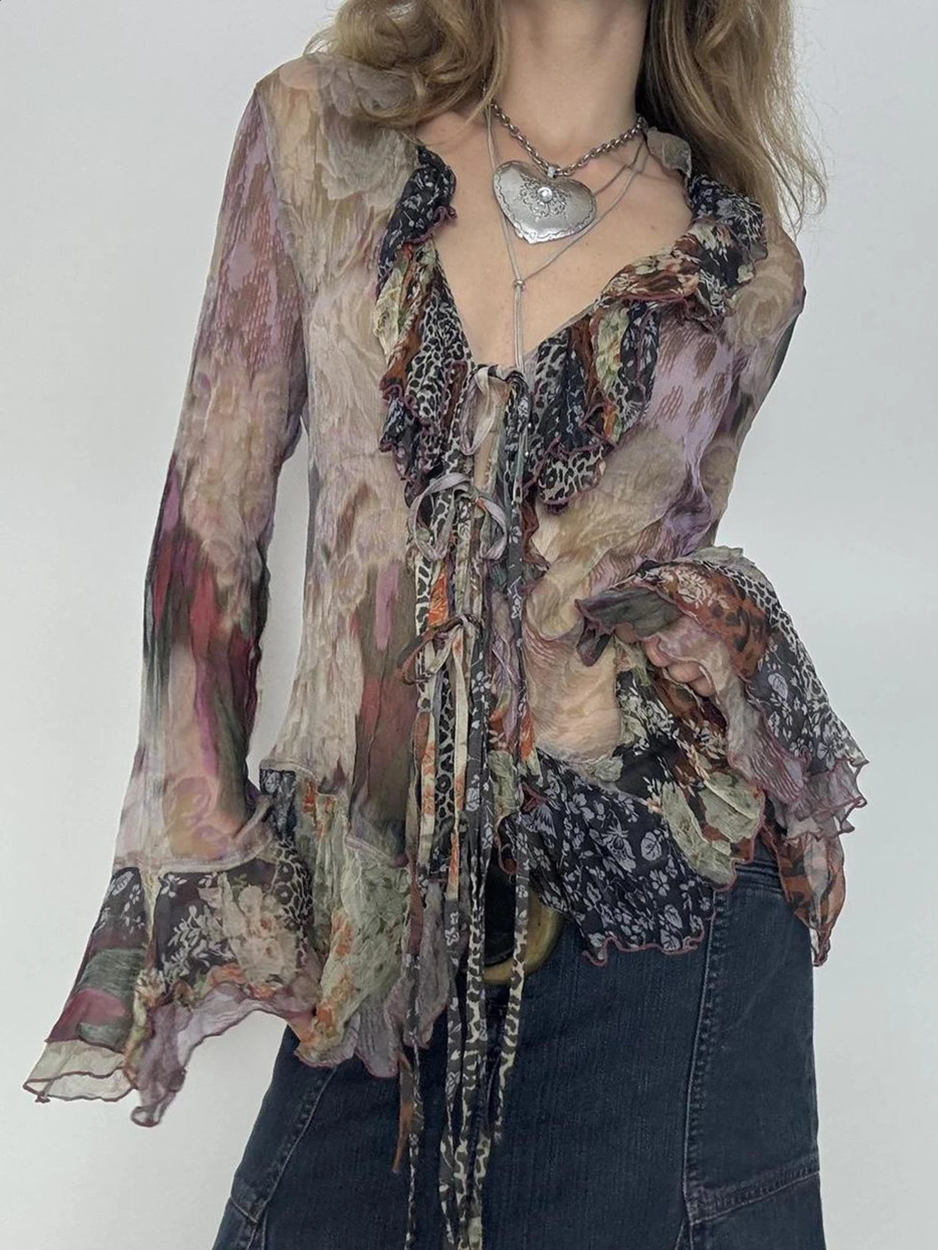 Vintage Floral Print Ruffles Mesh Shirts Women See Through Sexy Ruffle Sleeve Open Stitch Lace-Up Aesthetic Clothes 250428