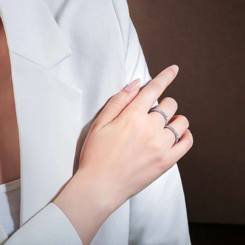 Anziw Classic Stackable Rings 925 Sterling Silver 2mm D Moissanite Eternity Band Wedding Engagement Ring for Women Fine Jewelry