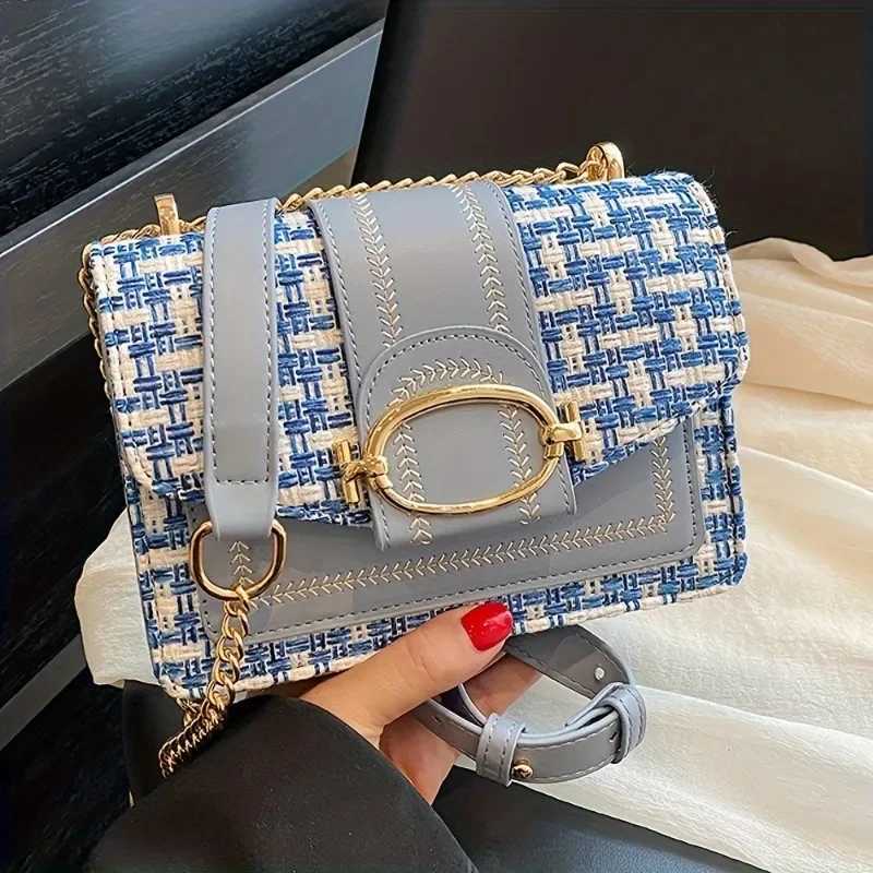 Chic Mini Plaid Tweed Crossbody Bag with Adjustable Strap Fashionable Buckle Closure - Available in Cream Green Blue Black XJ250610