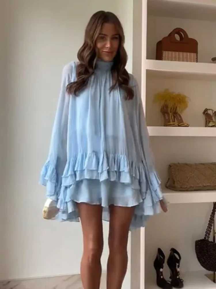 Fashionable blue turtle neck pleated mesh mini dress for women elegant pleated wide Panasonic swing skirt 2025 new street vestXJ250504