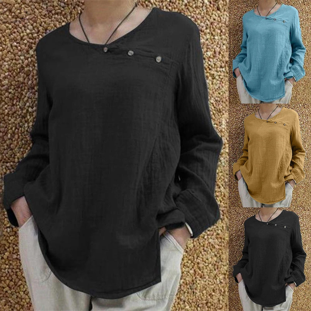 Womens pure cotton linen long sleeved shirt top womens casual loose Tshirt plus size solid clothing 2024 250430Z