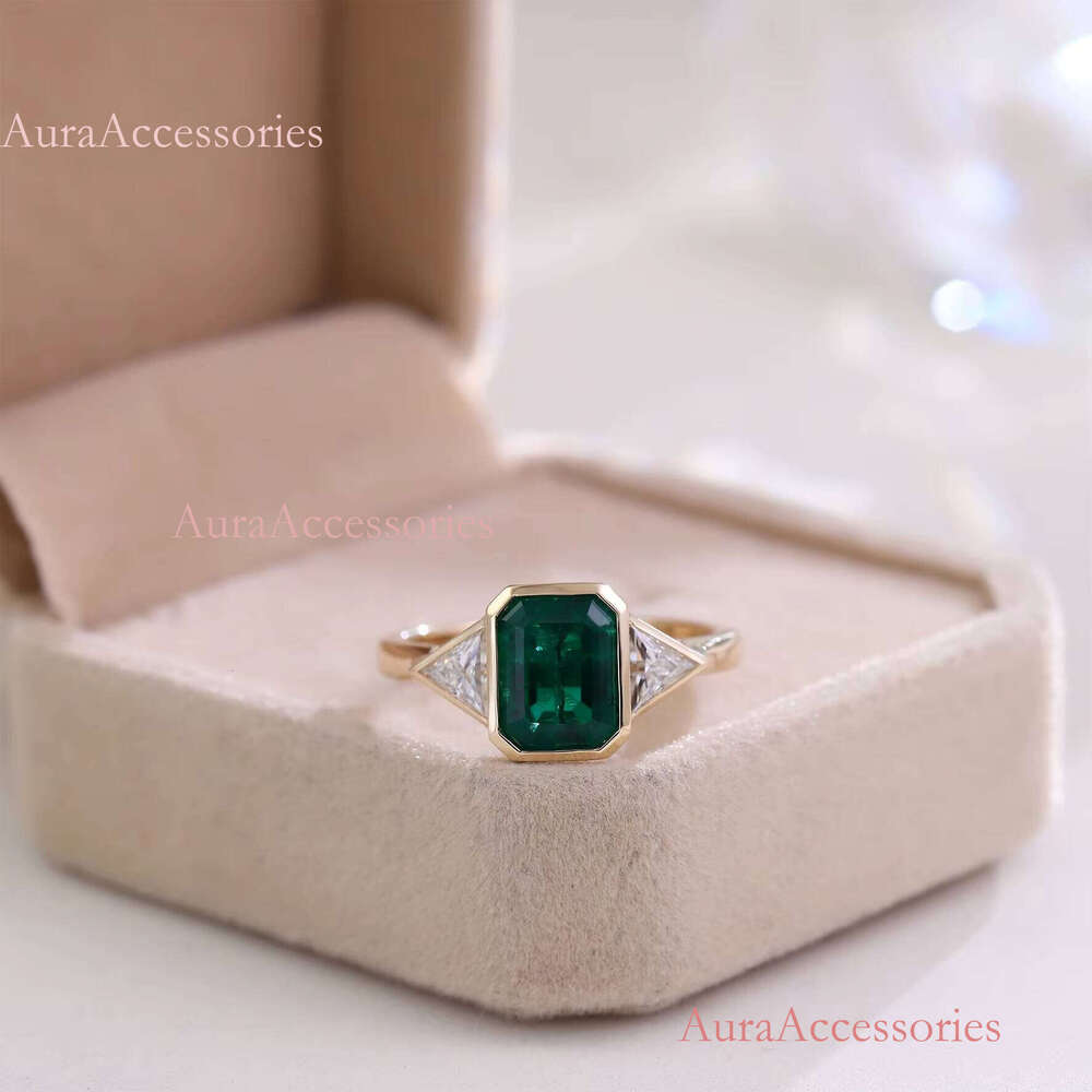 Hot selling product: Large green Columbia laboratory grown ring, jewelry emerald cut 10k yellow solid gold framed women's inlaid ring