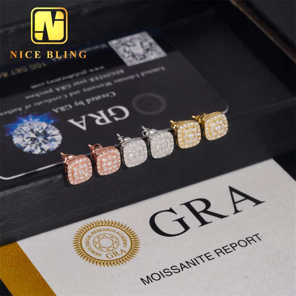 Classic Iced Out Ear Studs 925 Sterling Silver VVS Moissanite Hip Hop Jewelry Stud Earring for Women