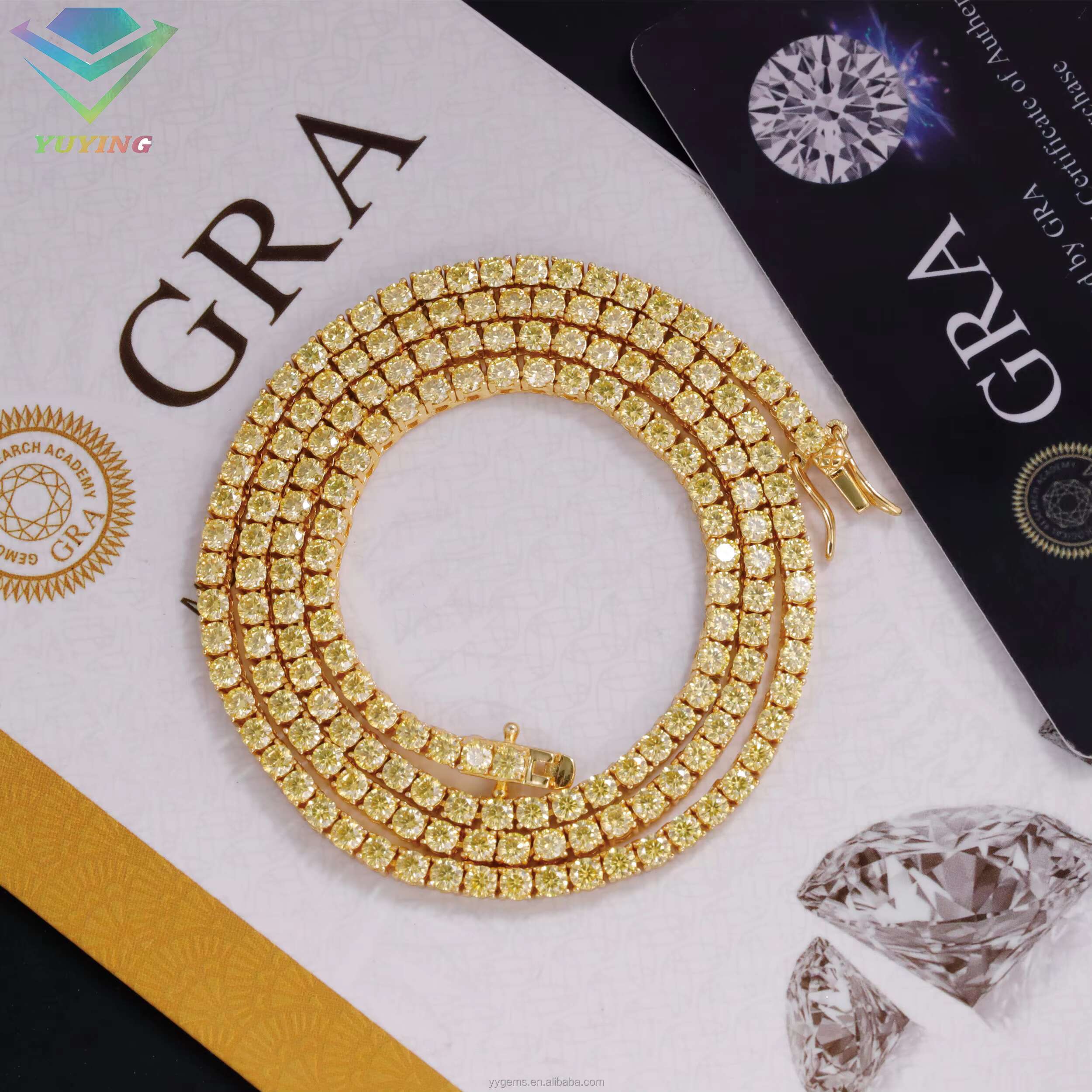 Wholesale Price 2mm-6.5mm Pass Diamond Tester Yellow Moissanite Diamond S925 Silver Gold Plated Tennis Chain Necklace
