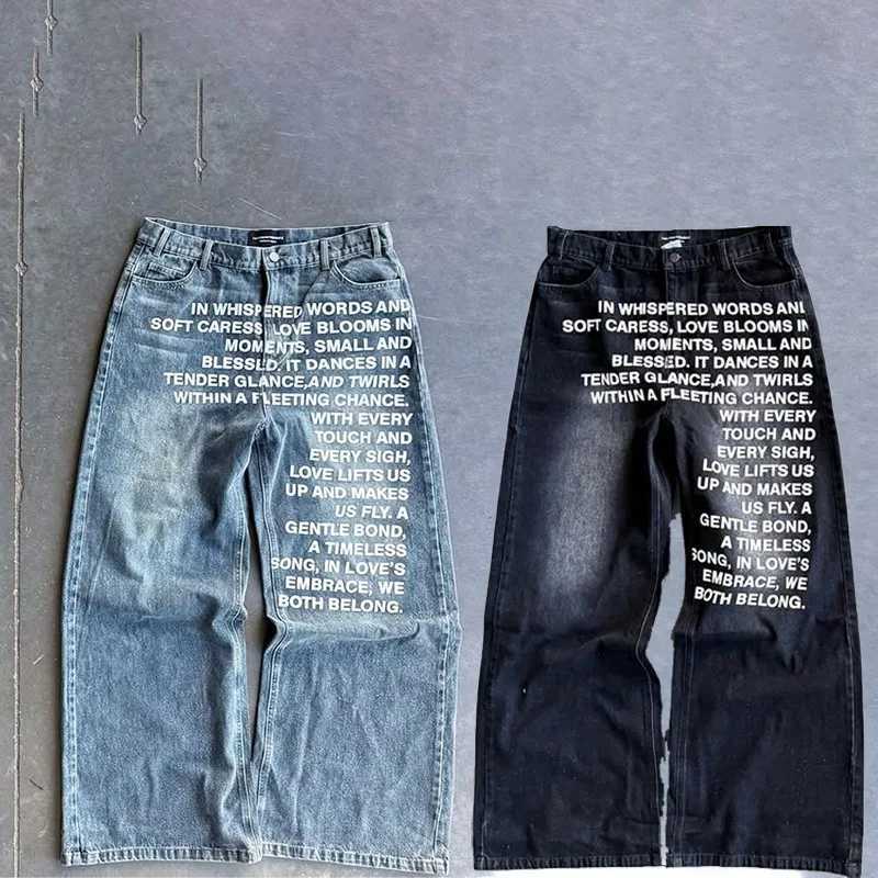 Y2K Mens Retro American Pattern Letter Jeans Street Cowboy Gothic Harajuku Hip Hop Mens Fashion Casual Wide Leg Jeans Z250505