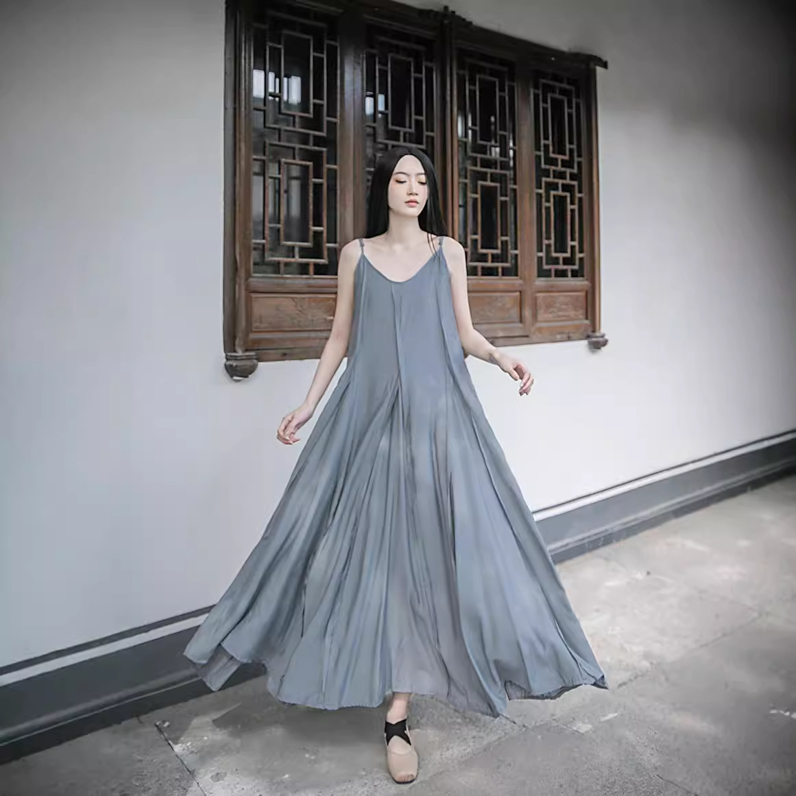 V8210 Spring and summer super long ankle-length oversized hem stitching heavy-duty dress