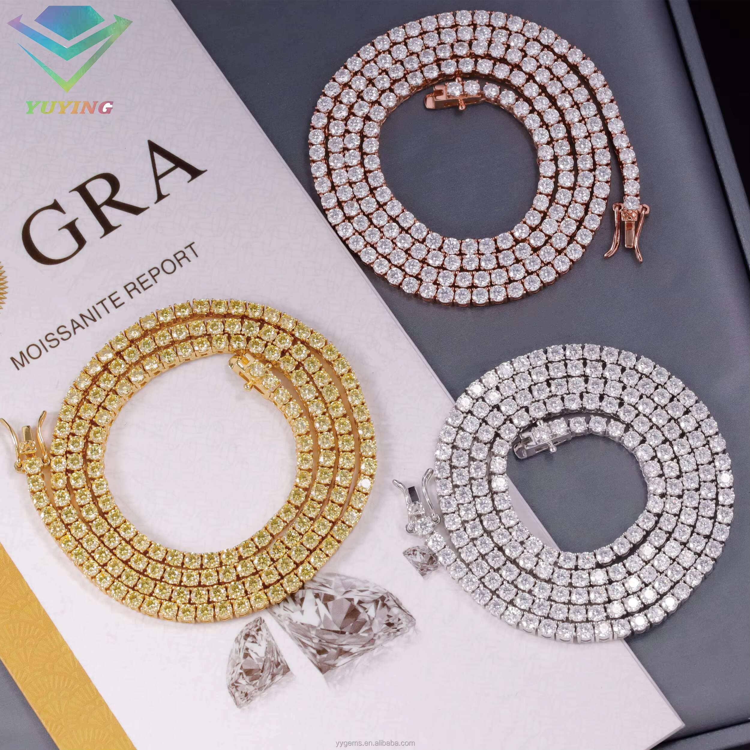 Wholesale Price 2mm-6.5mm Pass Diamond Tester Yellow Moissanite Diamond S925 Silver Gold Plated Tennis Chain Necklace