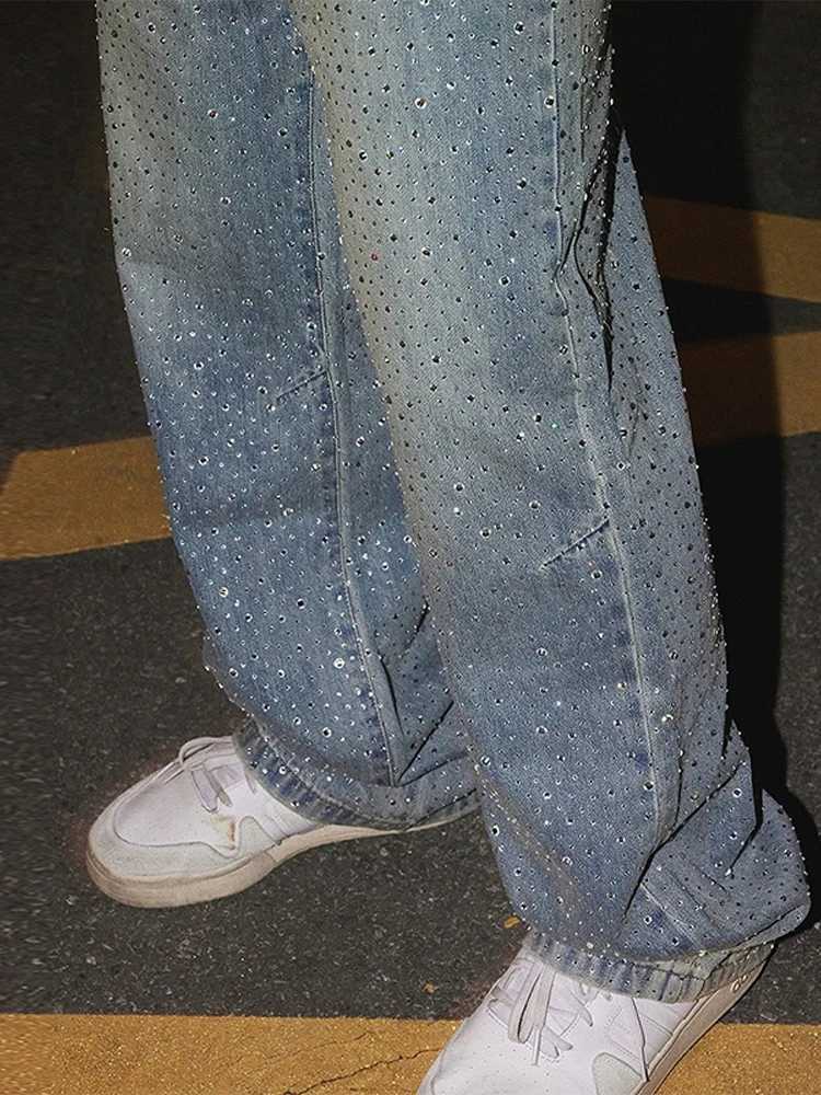 mens waisted sparkling rhinestone denim jeans fashionable straight leg pants Z250505