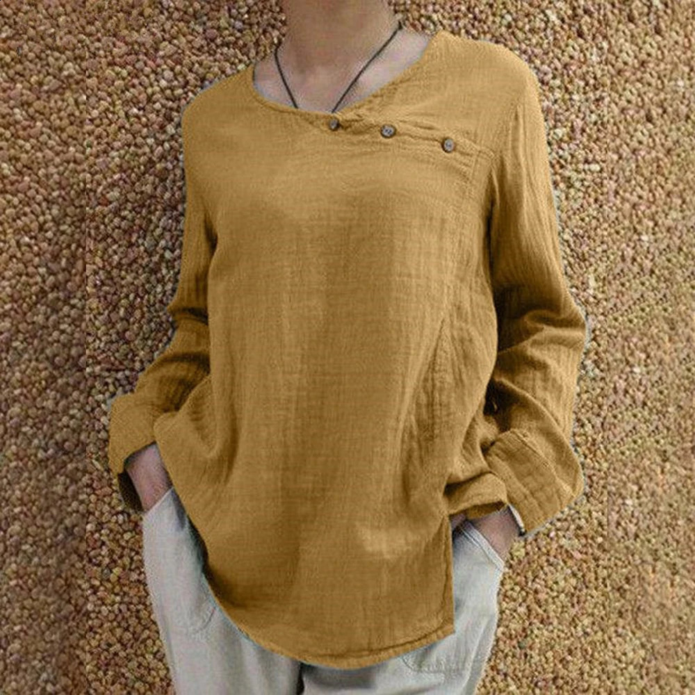 Womens pure cotton linen long sleeved shirt top womens casual loose Tshirt plus size solid clothing 2024 250430Z