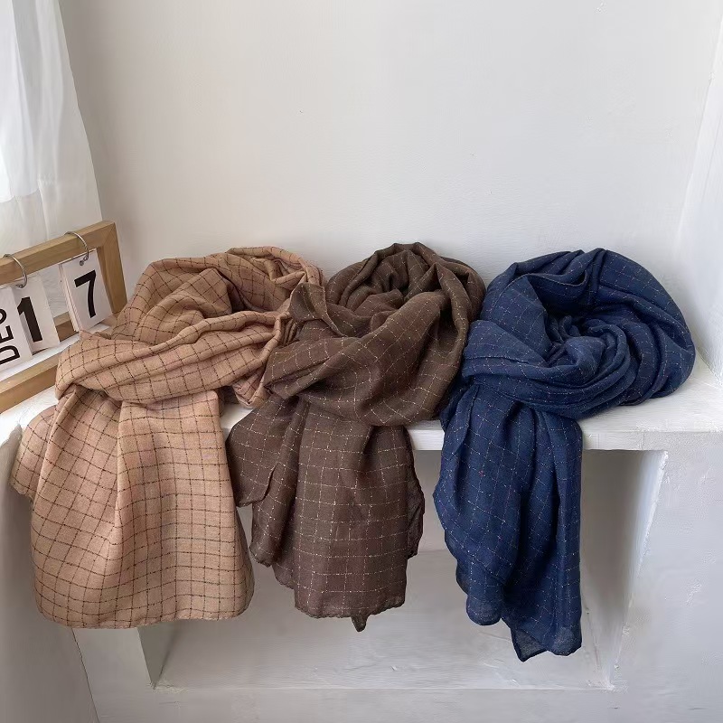 T638 soft cotton and linen small square plaid scarf long women's autumn and winter cotton and linen gauze thin shawl black and white literary all