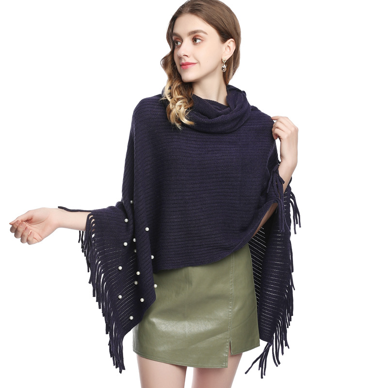 K622 European and American knitted cape shawl high collar beaded tassel suit autumn and winter solid color cape shawl women