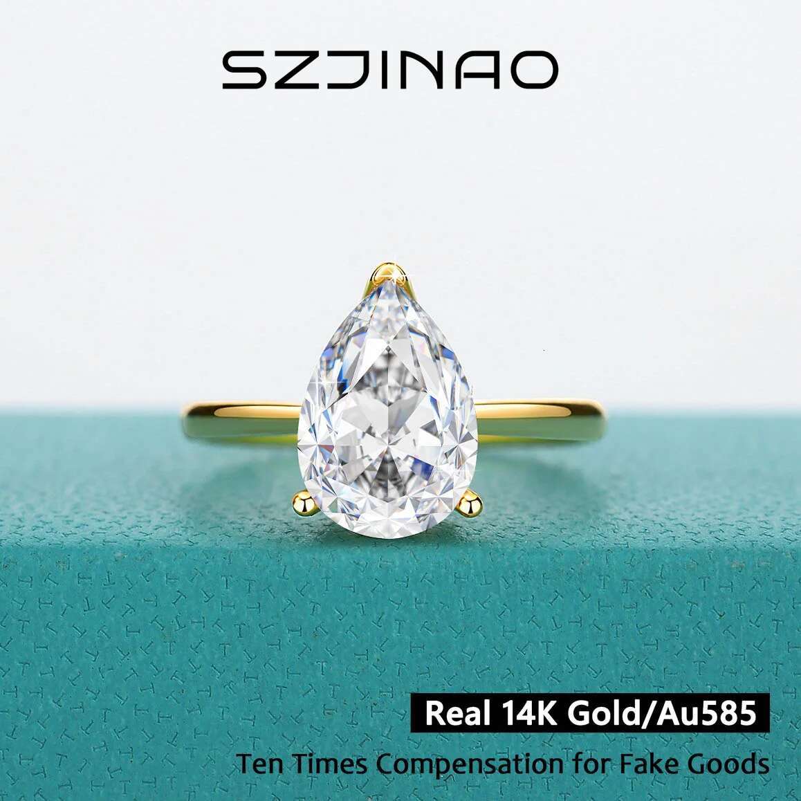 D VVS1 Moissanite Diamond Rings Real 14K Gold Water Drop 7*10mm 2CT for Women Anniversary Wedding Ring Jewelry Gift