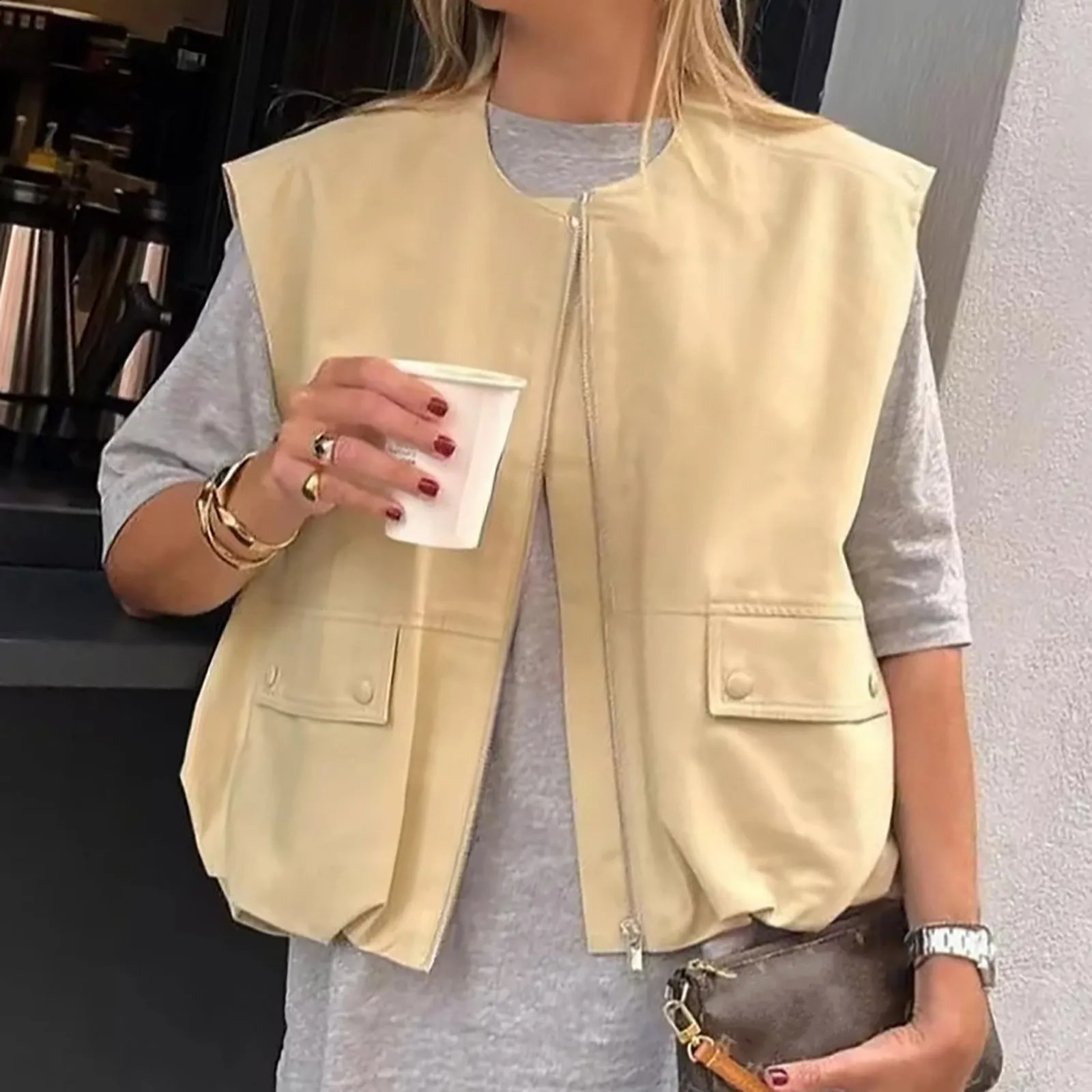 Womens cutting vest fashion Oneck zipper womens sleeveless loose Coats chic top summer street clothing 250430Z