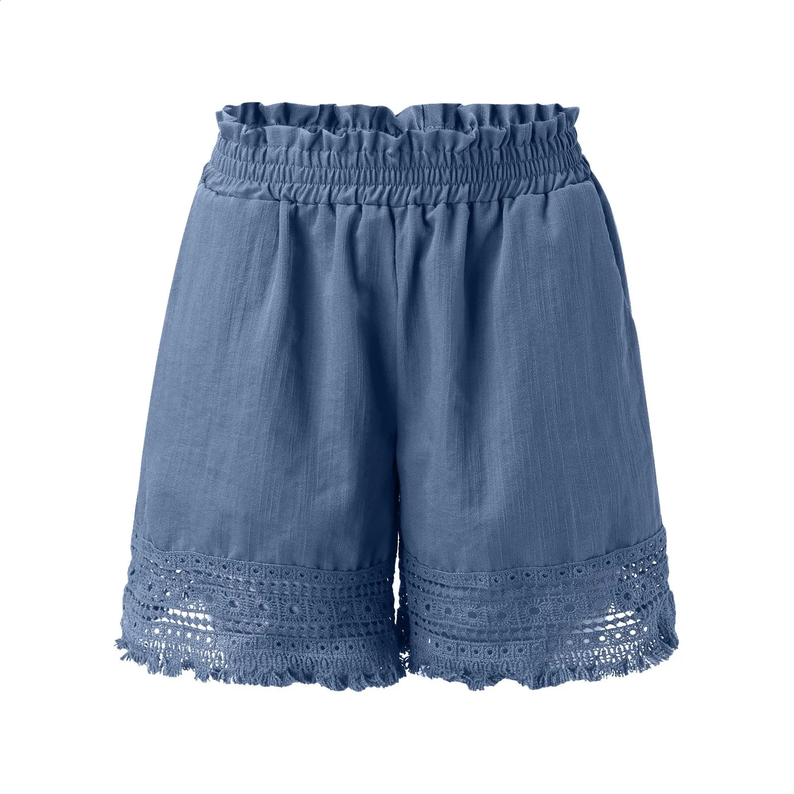 Womens solid color shorts casual cotton linen high waist stretch hollow lace wide legs loose knit 250430e