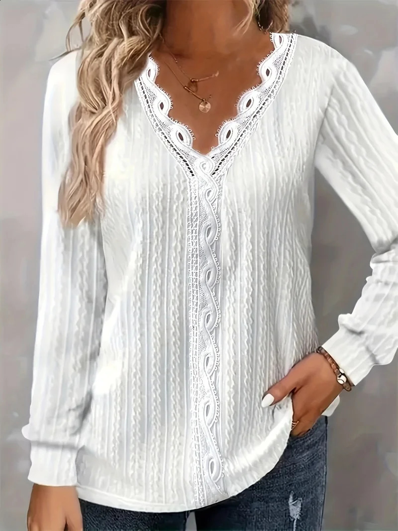 Plus size womens lace patchwork shirt solid Vneck simple black chiffon decoration hollow design fashionable and elegant toplevel office L 250430Z