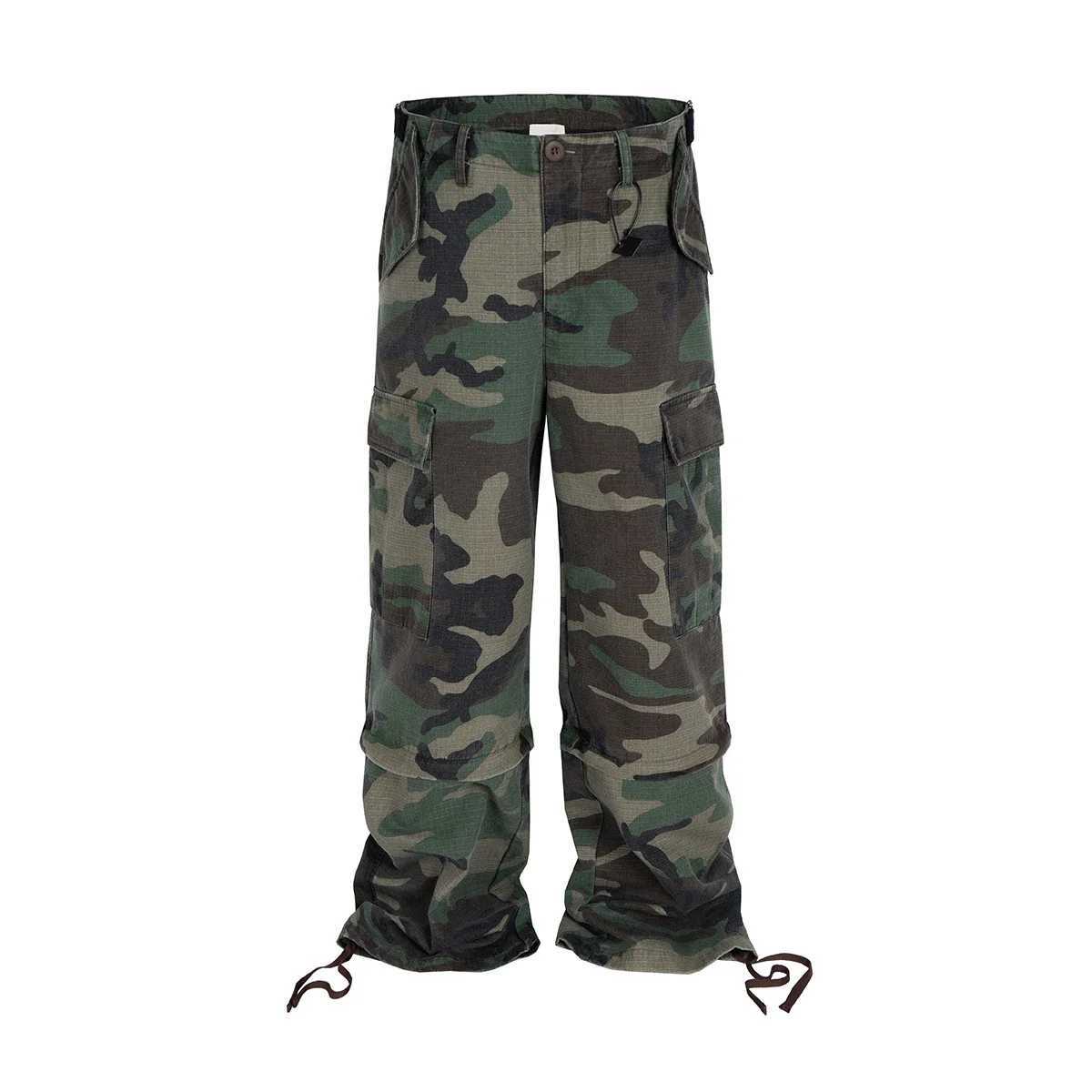 Knee detachable wide leg patch work camouflage cargo pants suitable for men and women straight contrast color pocket cover oversized size Z250505