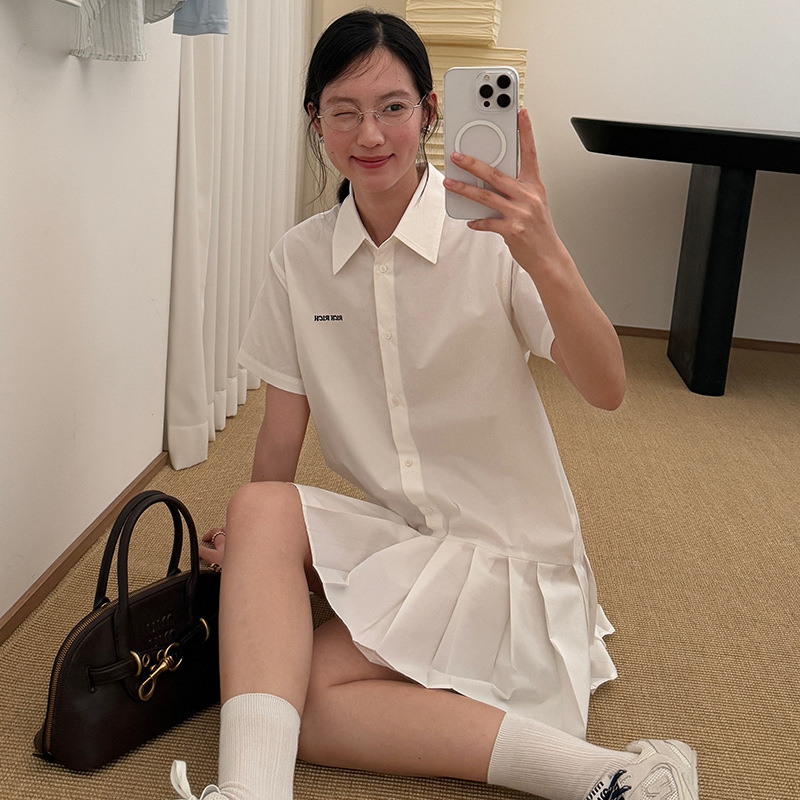 K52175 Plaid pleated skirt female 2025 summer small age-reducing shirt dress