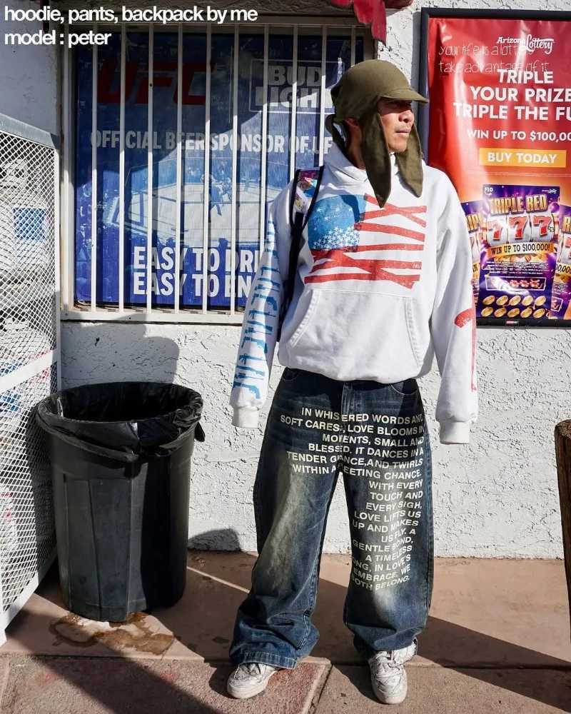 Y2K Mens Retro American Pattern Letter Jeans Street Cowboy Gothic Harajuku Hip Hop Mens Fashion Casual Wide Leg Jeans Z250505