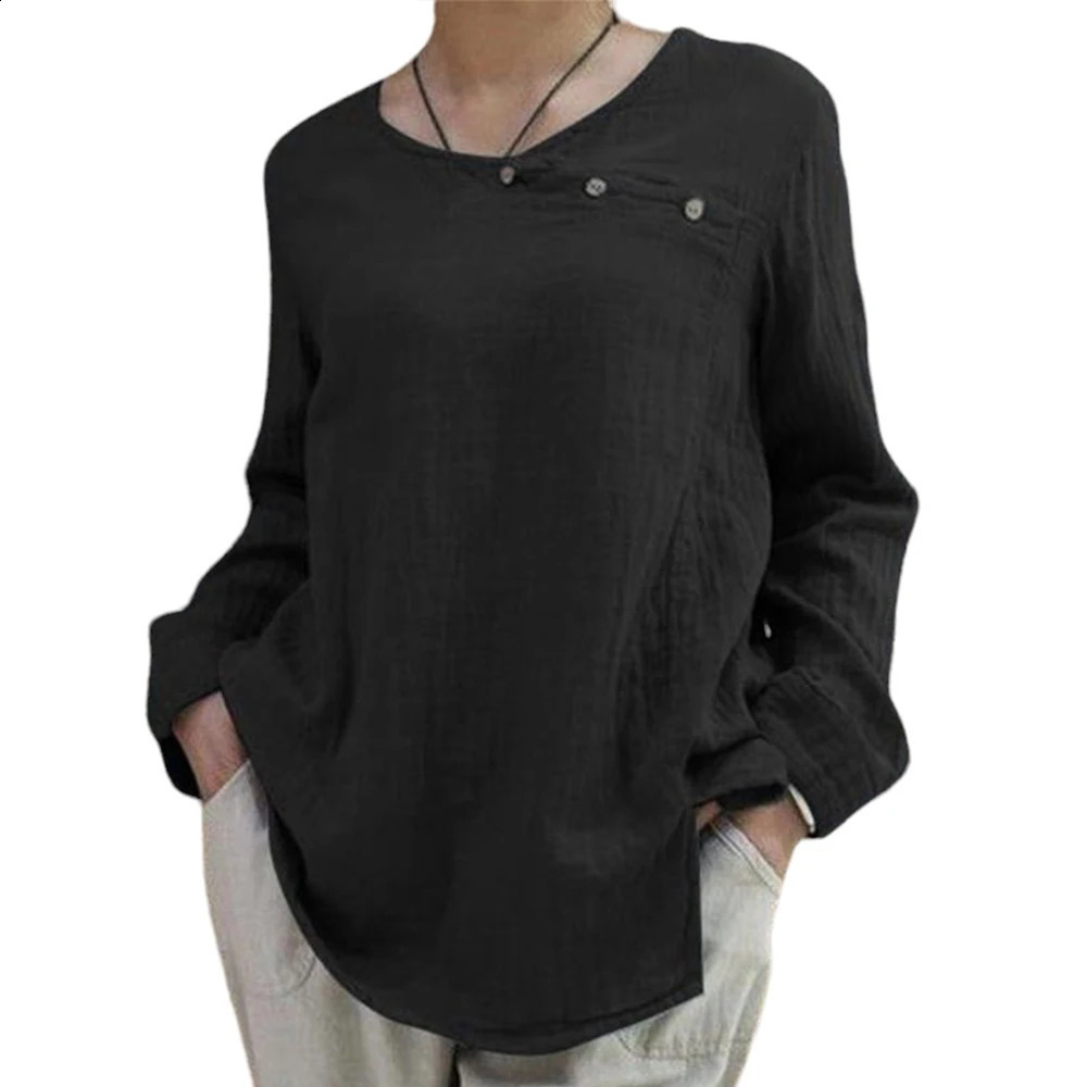 Womens pure cotton linen long sleeved shirt top womens casual loose Tshirt plus size solid clothing 2024 250430Z