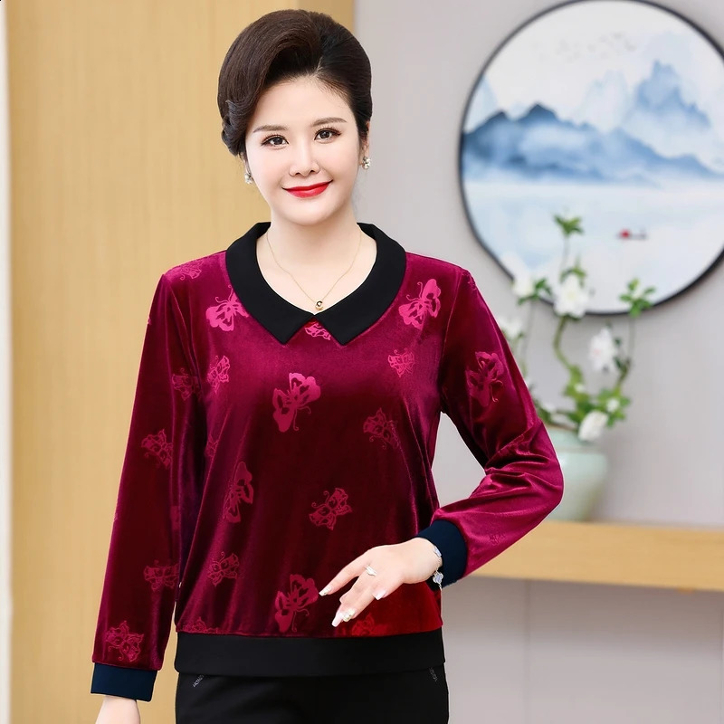 Plus size long sleeved Tshirt for womens clothing spring and autumn casual big embossed gold velvet bottom 250430Z