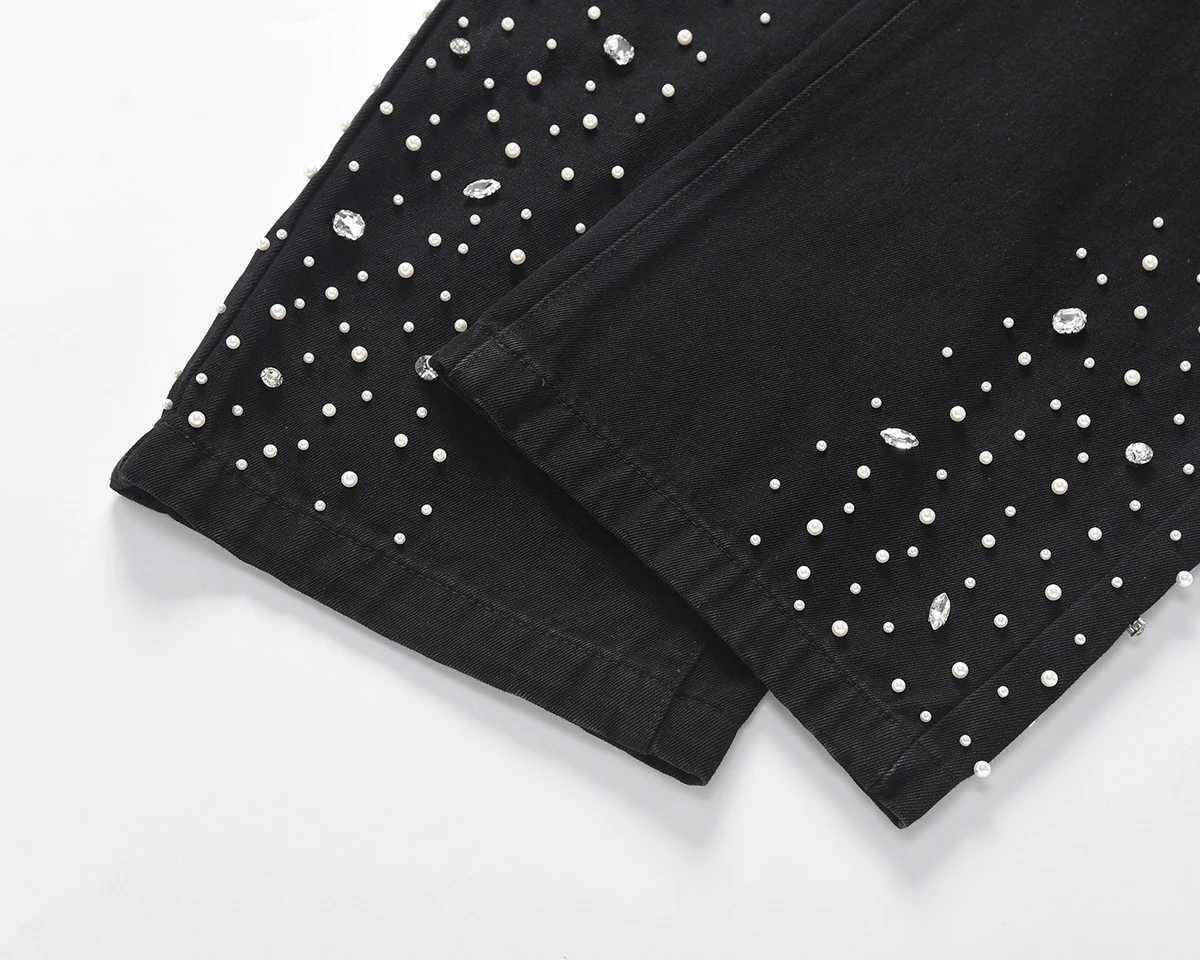 Full rhinestone bead mens pocket jeans black hot pea denim streetwear Harajuku straight loose cargo pants Z250505