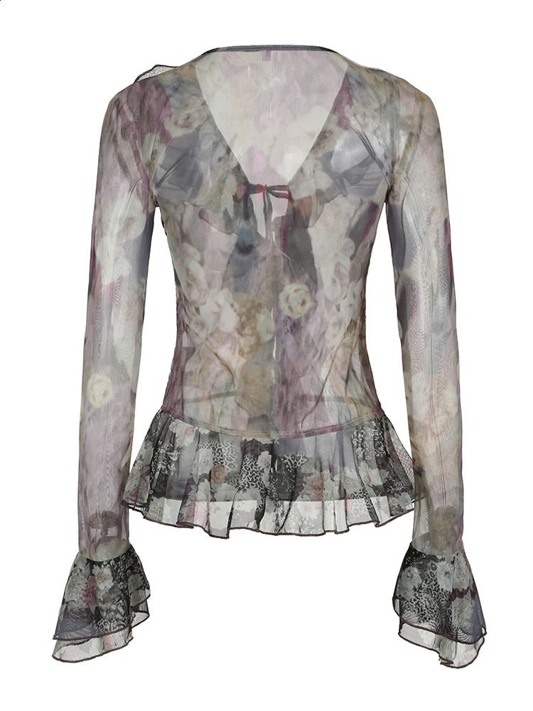 Vintage Floral Print Ruffles Mesh Shirts Women See Through Sexy Ruffle Sleeve Open Stitch Lace-Up Aesthetic Clothes 250428