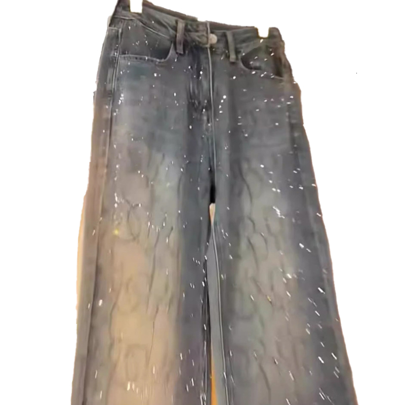 2025S designer pants hot pressed denim jeans for women spring 2025 new design high waist heavy industry bright diamond loose straight wide leg floor p