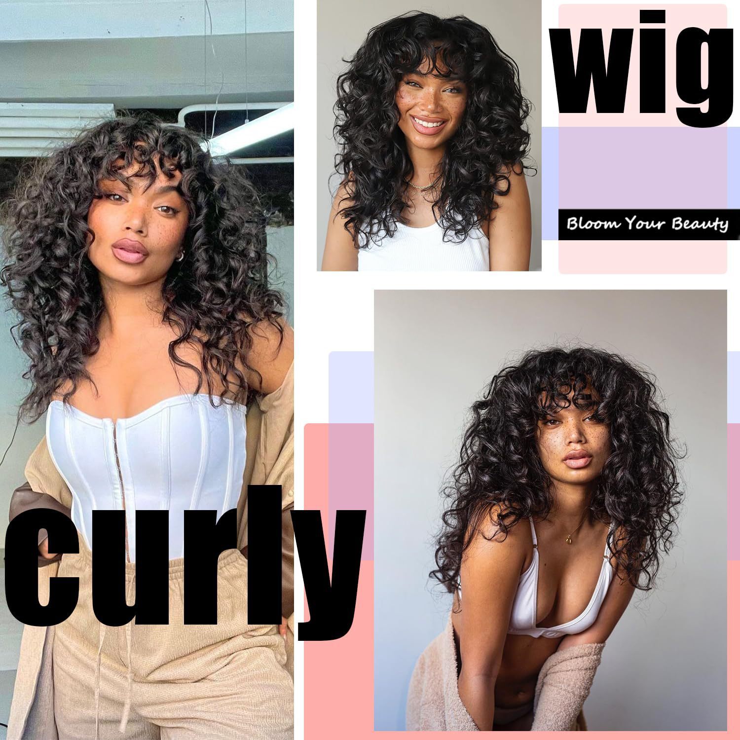wig New womens fashionable synthetic fiber headband with black fringe short curly wigs