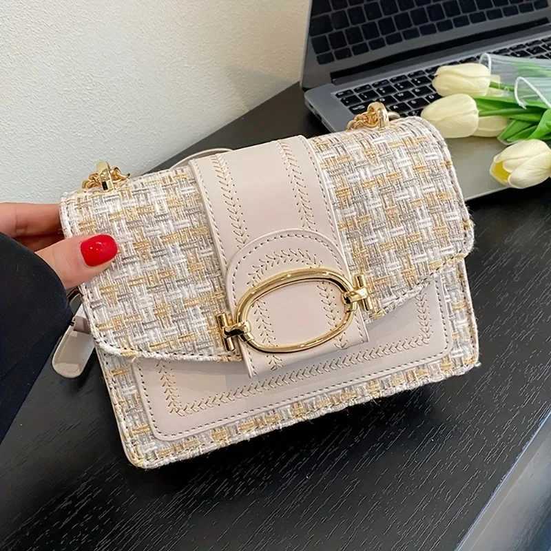 Chic Mini Plaid Tweed Crossbody Bag with Adjustable Strap Fashionable Buckle Closure - Available in Cream Green Blue Black XJ250610