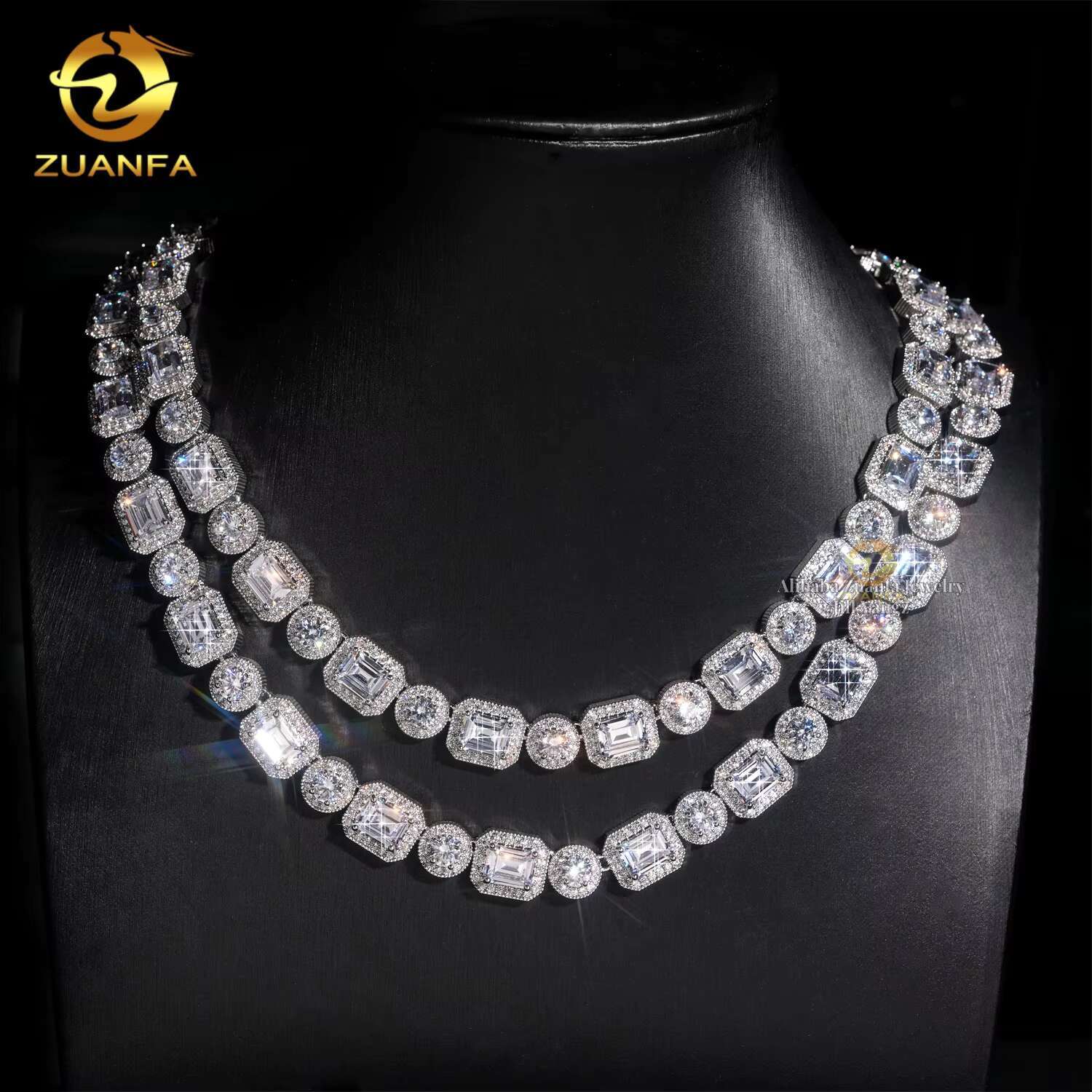 ZuanFa Jewelry Direct Sale Luxury 12mm Rock Sugar Chain Necklace Emerald Cut Diamond Cuban Links Moissanite Cuban Chain