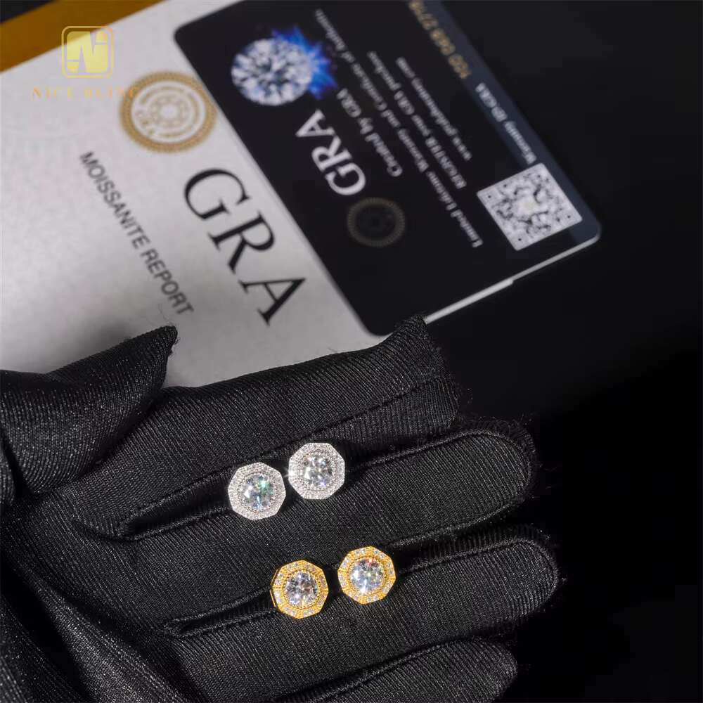 Full Iced Out Ear Studs Hip Hop Jewelry Women Gold Plated 925 Sterling Silver VVS Moissanite Diamond Stud Earring for Women