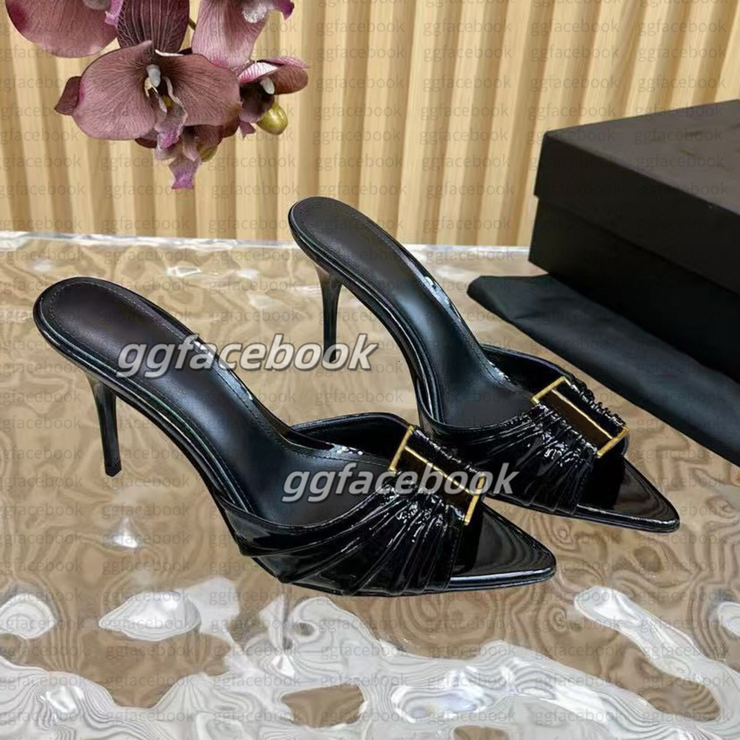 Elegant Dress shoes Designer heels Ladies stiletto Slippers mule Genuine Leather Fashionable Letter Buckle Sharp toes sandals luxury women designer high-heeled 09