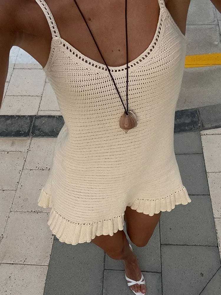 Beach Knitted 3D Flower Dress Womens Sleeveless Strap Sexy Perspective Womens 2025 Spring/Summer Hollow Holiday DressXJ250504