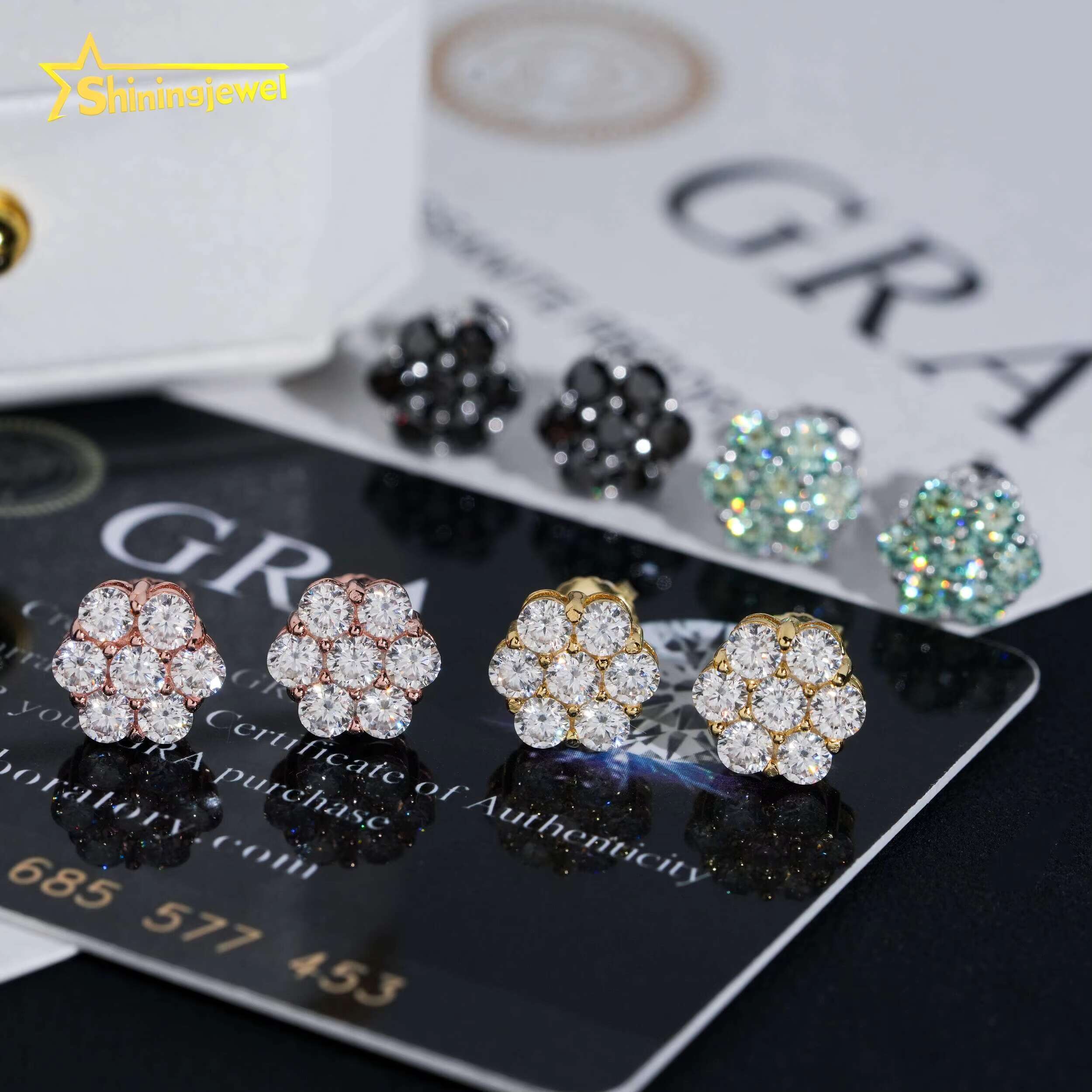 Hot Sale 9mm Blue Green Black Moissanite Flower Stud Earrings Hip Hop 925 Silver Gold Plated Cluster Pass Diamond Tester
