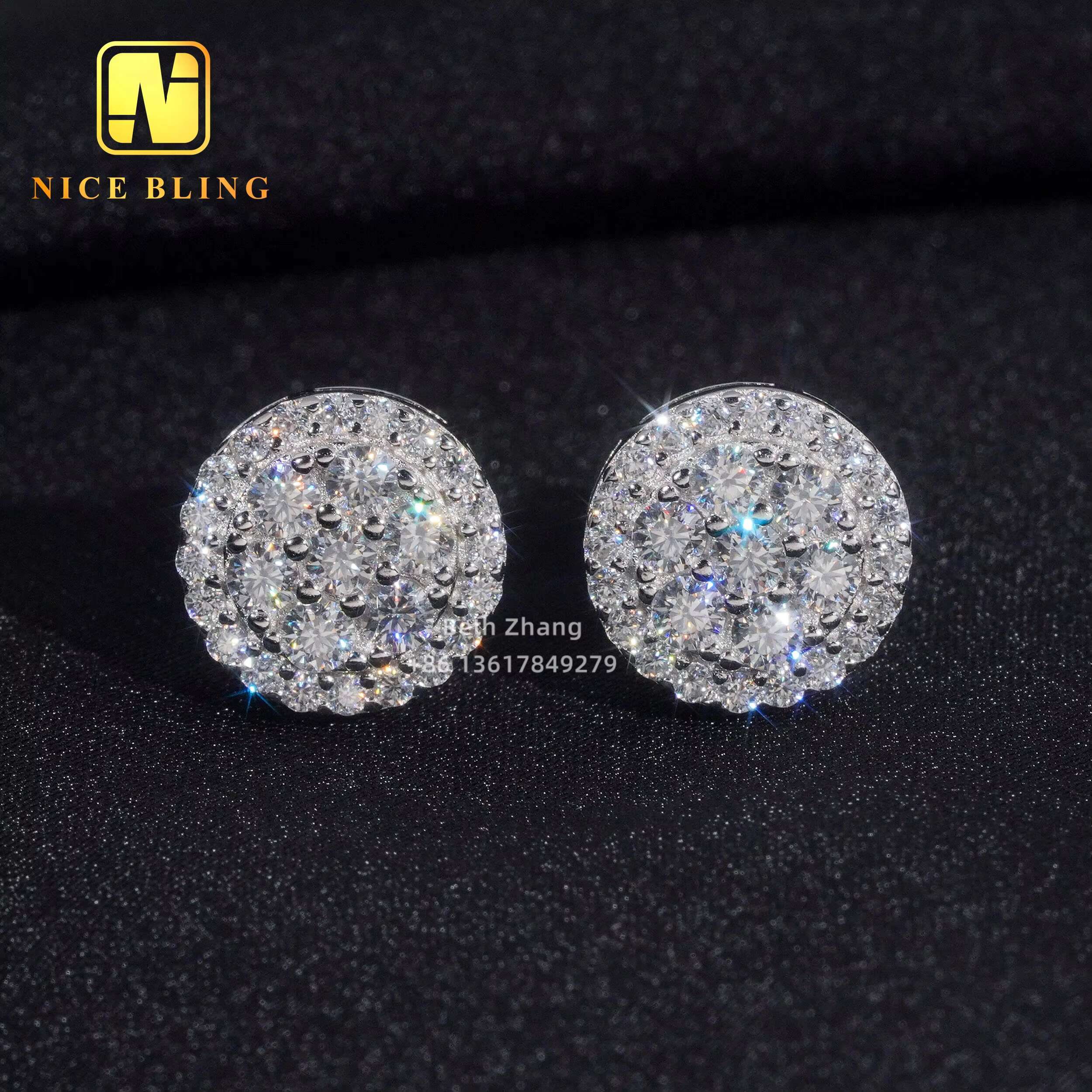 Hip Hop Moissanite Jewelry 10MM Ear Studs 925 Silver Cluster Lab Diamond Stud Earrings for Men Women