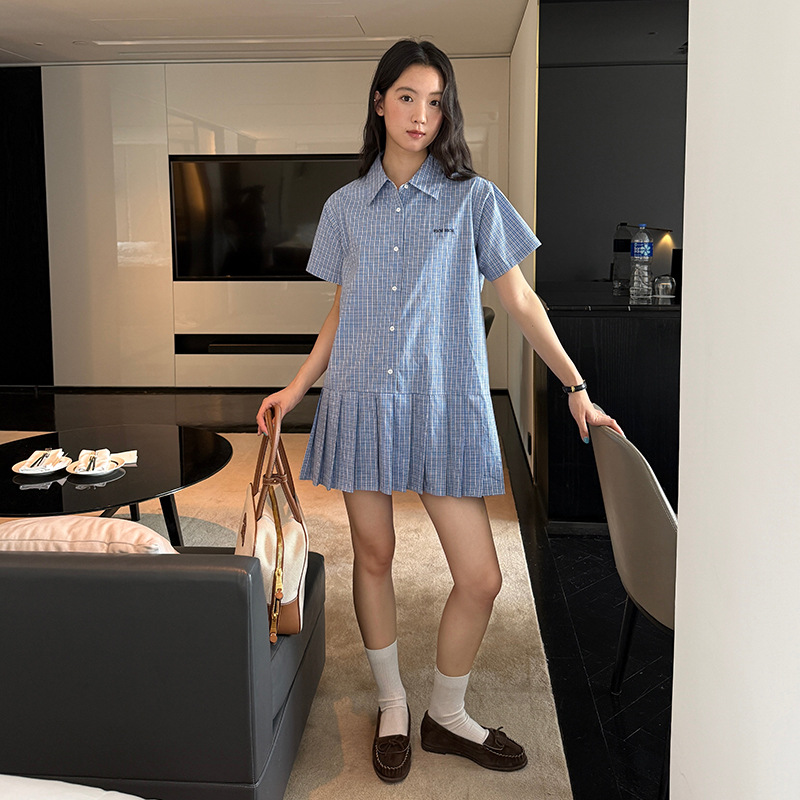 K52175 Plaid pleated skirt female 2025 summer small age-reducing shirt dress