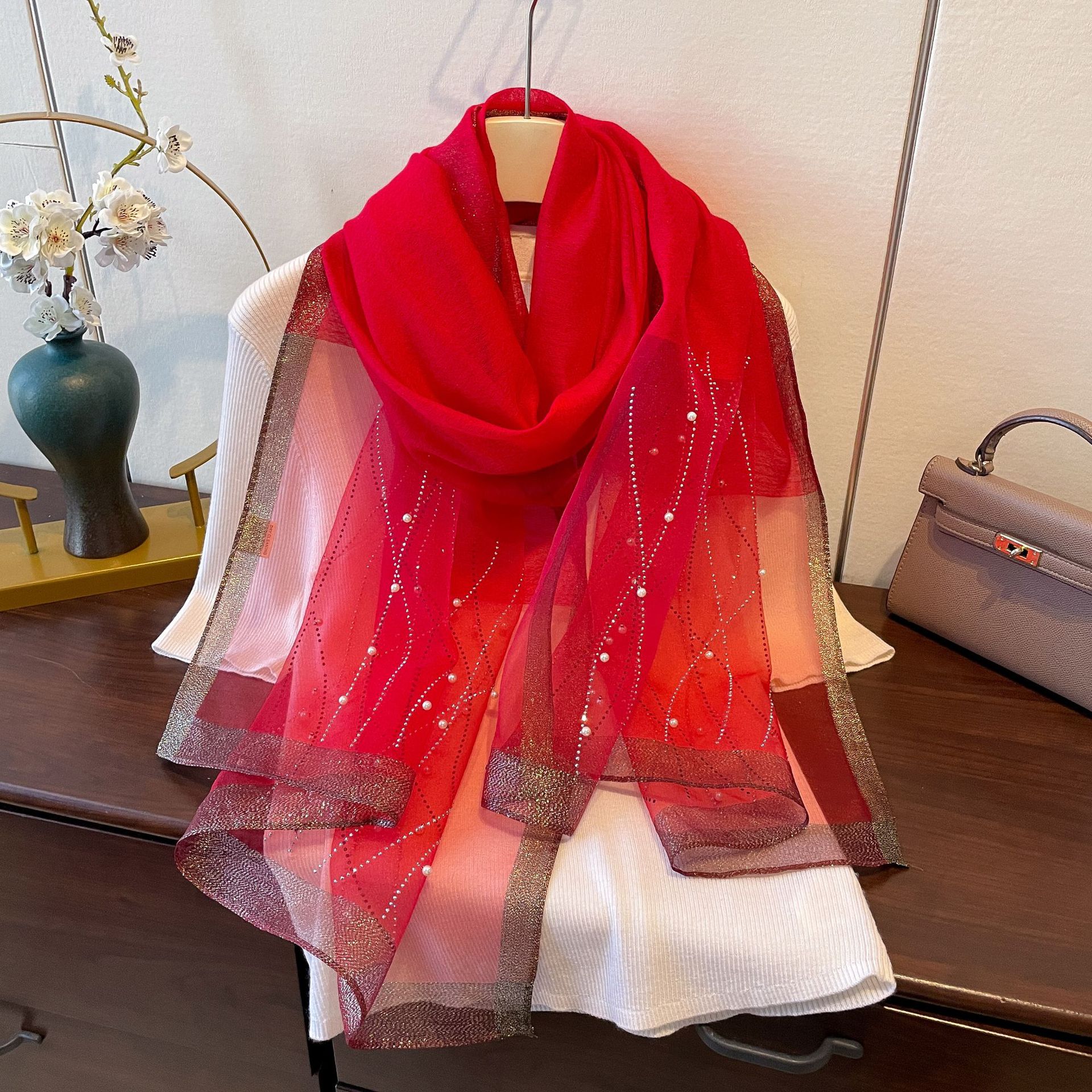 K623 Spring and summer new fashion all-match solid color ethnic style head scarf scarf female wavy pattern artificial hot diamond silk scarf female