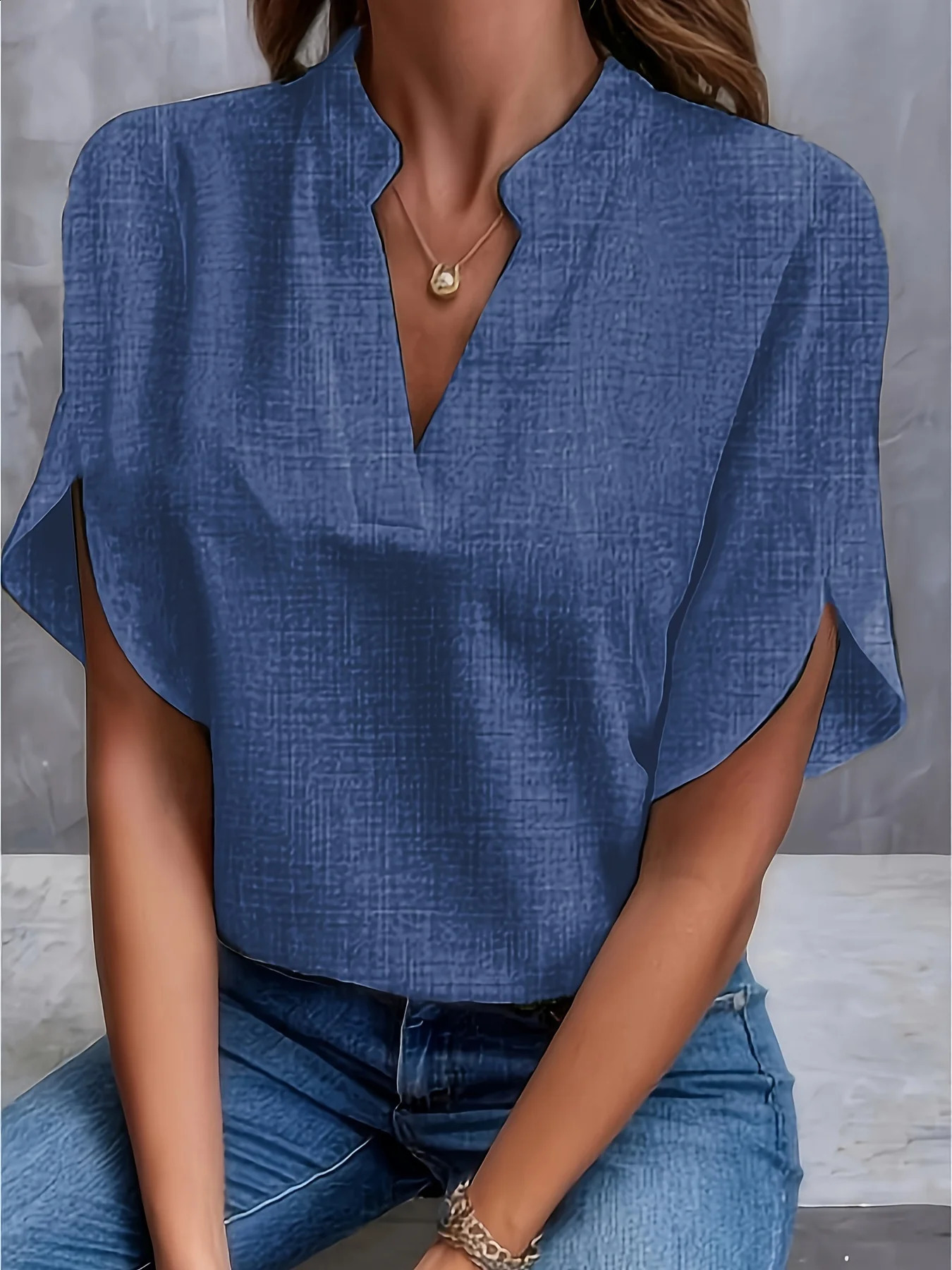 Plus size womens shirt 2024 summer Vneck cotton linen top white 250430Z