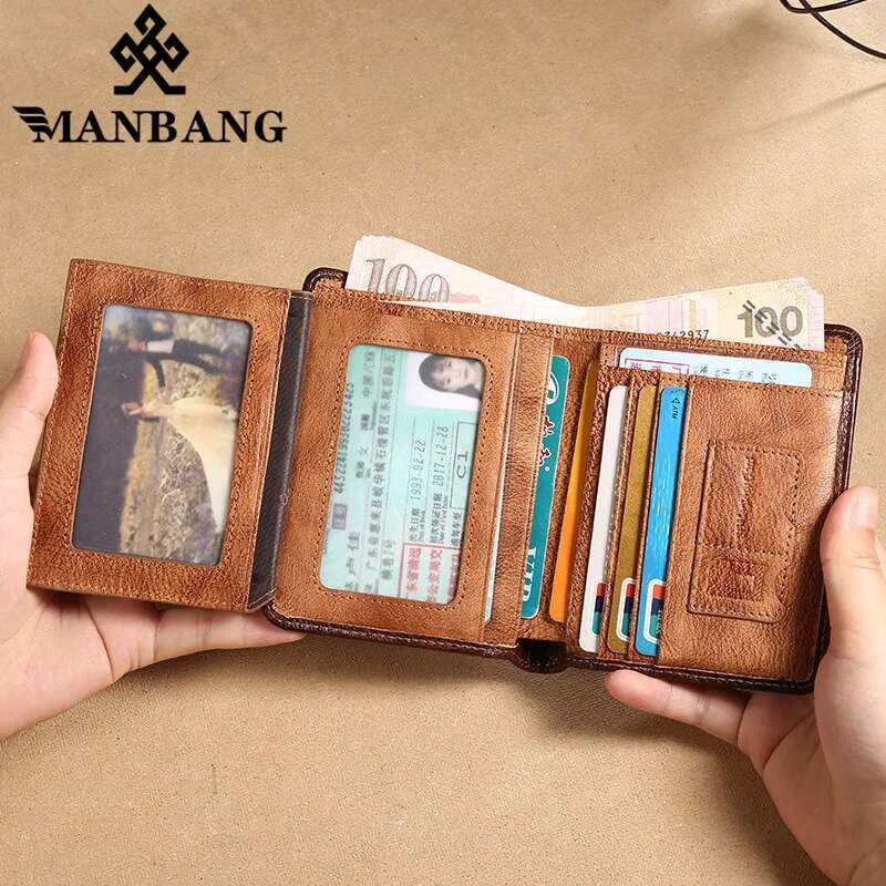 Mang Men's RFID Genuine Leather Trifold Wallets For Men with ID Window and Credit Card Holder