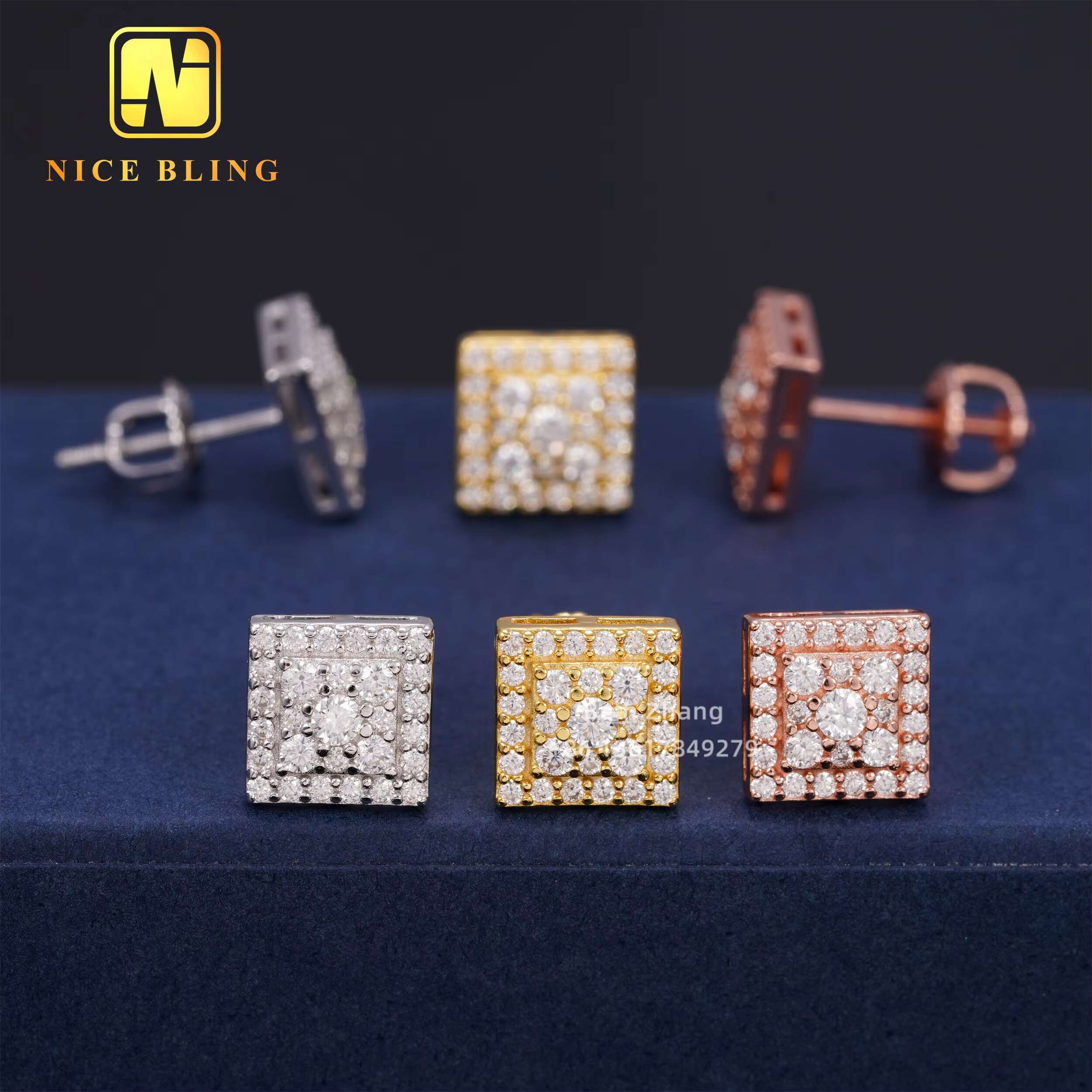 Fashion Hip Hop Jewelry 8MM Square Shape Earrings 925 Silver Moissanite Diamond Ear Studs for Men Women