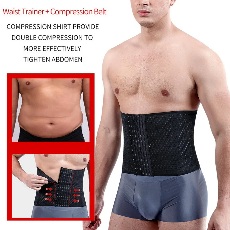 Men Slimming Shaper Body Belt Weight Loss Tummy Control Strap Hooks Waist Trainer Workout Fitness Compression Corset Waist Trainer Abdomen Reducer Bod