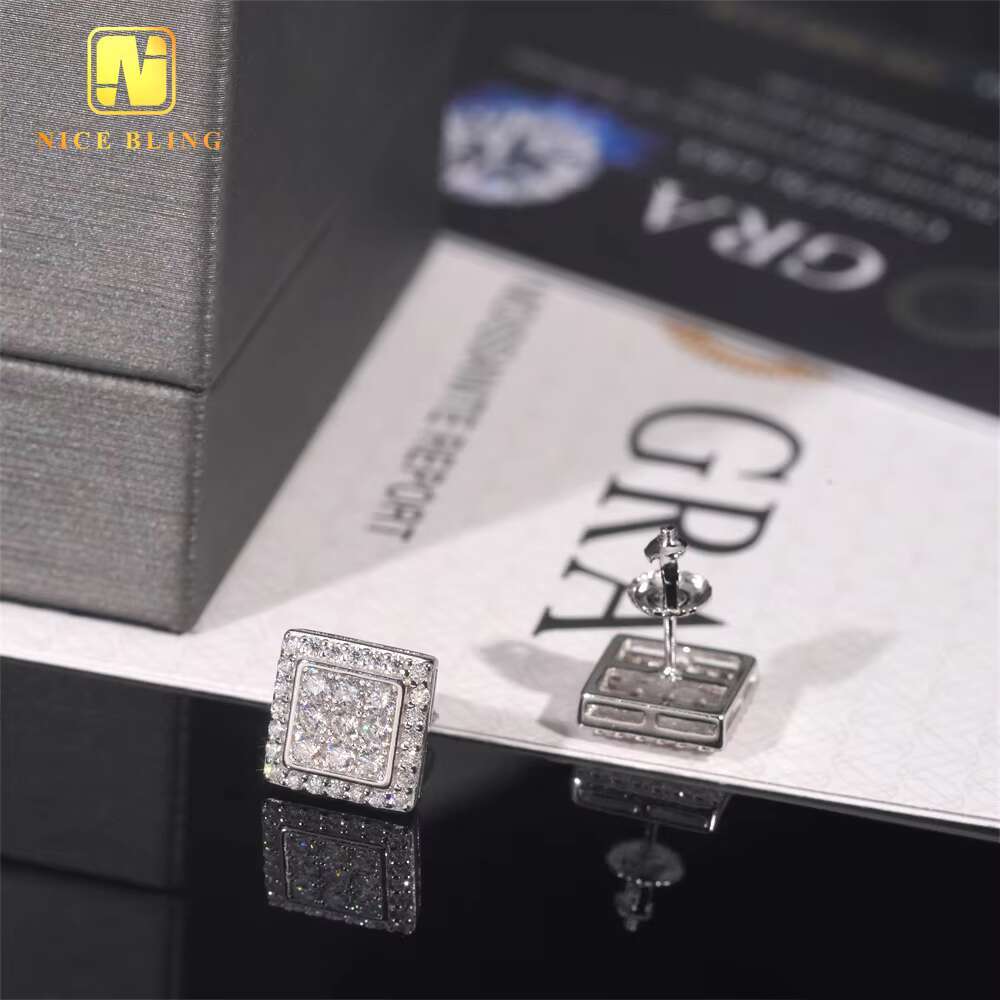 Wholesale Price GRA Certificates 925 Silver Hip Hop Ear Stud Square Shape VVS Moissanite Stud Earrings