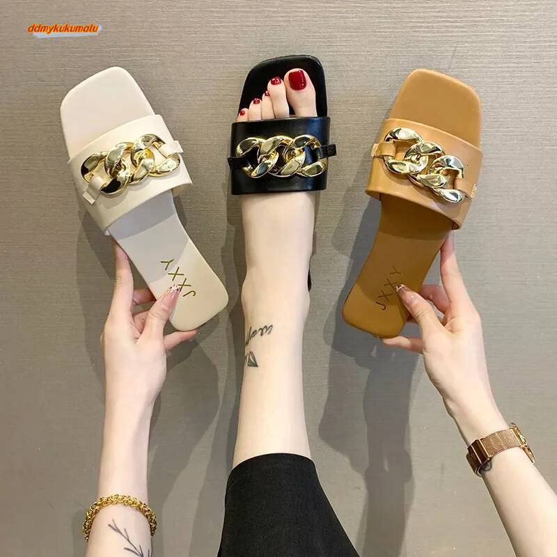 2024 New Fashion Women's Square Toe Chain Slippers Flat Slide Sandals Beach Flip Flops Metal Decoration Casual Shoes ddmykukumalu