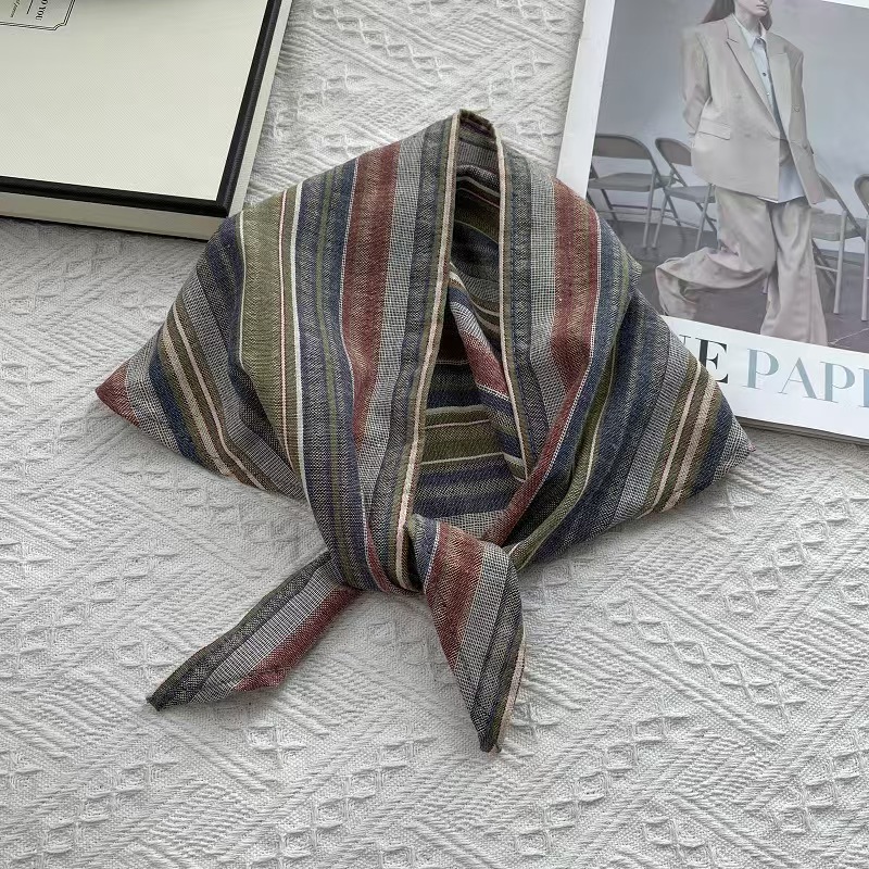 T636 color matching striped pure cotton triangle scarf generous literary versatile neck windproof sunscreen scarf decoration