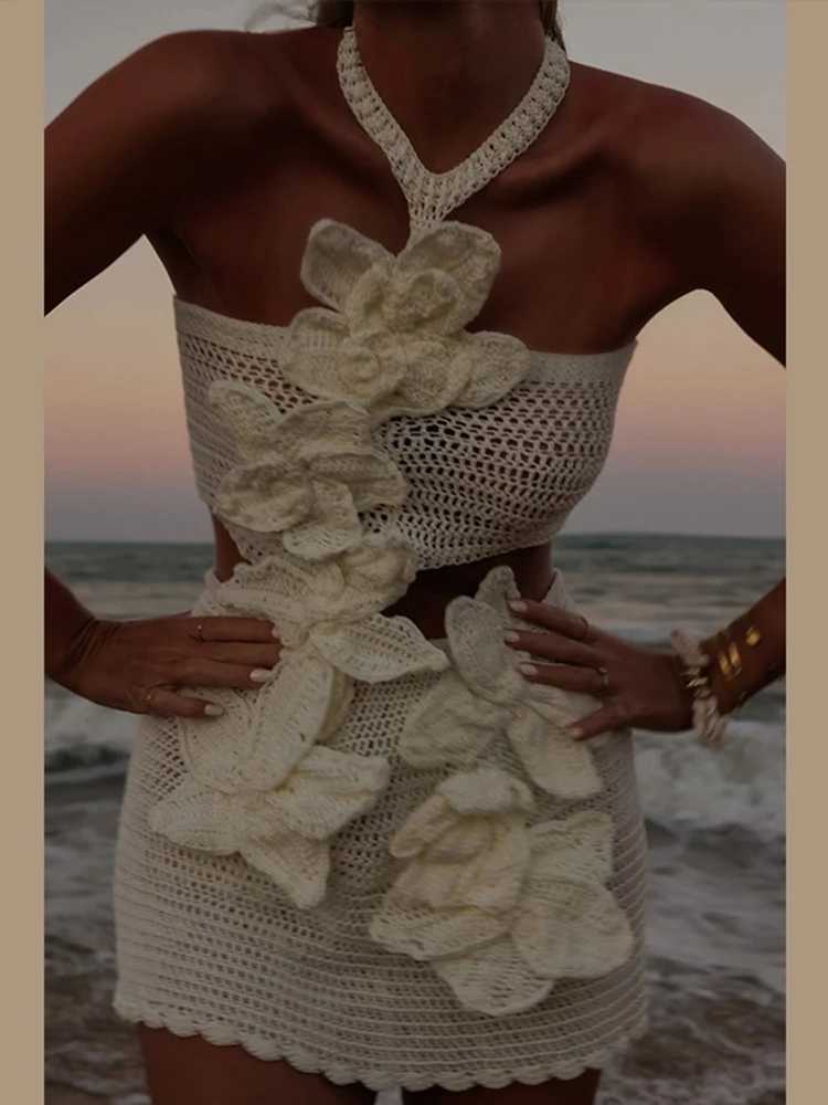 Beach Knitted 3D Flower Dress Womens Sleeveless Strap Sexy Perspective Womens 2025 Spring/Summer Hollow Holiday DressXJ250504