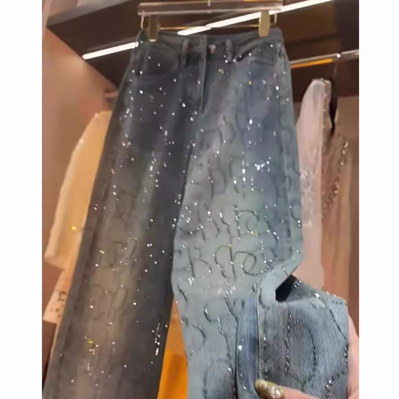 2025S designer pants hot pressed denim jeans for women spring 2025 new design high waist heavy industry bright diamond loose straight wide leg floor p
