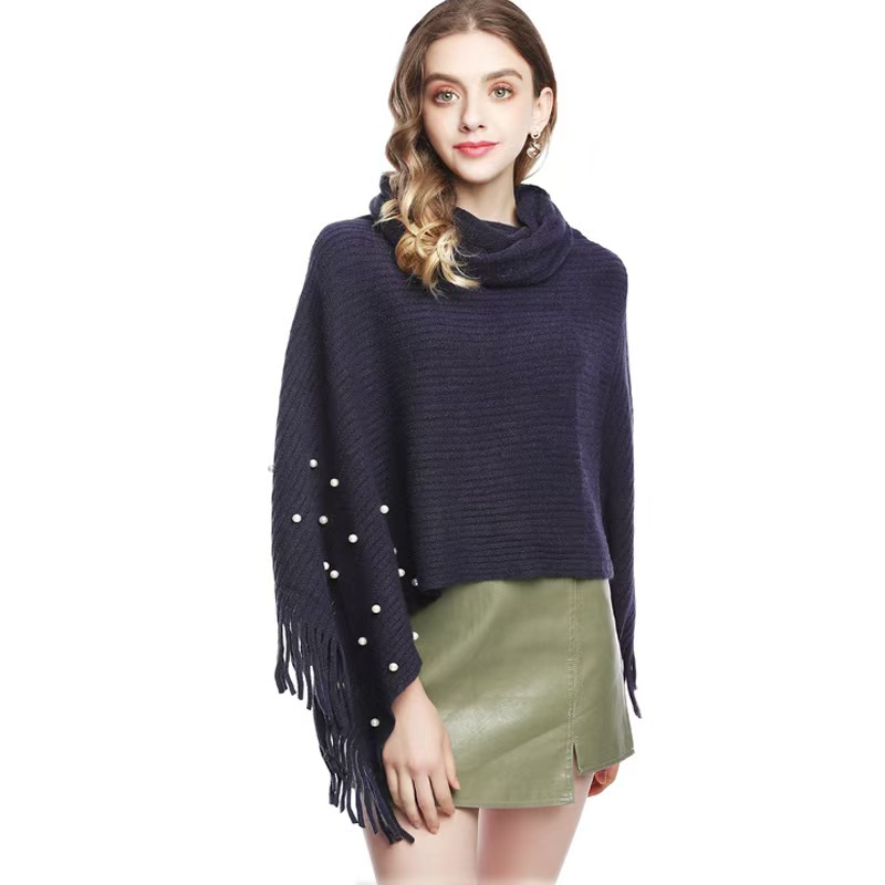 K622 European and American knitted cape shawl high collar beaded tassel suit autumn and winter solid color cape shawl women