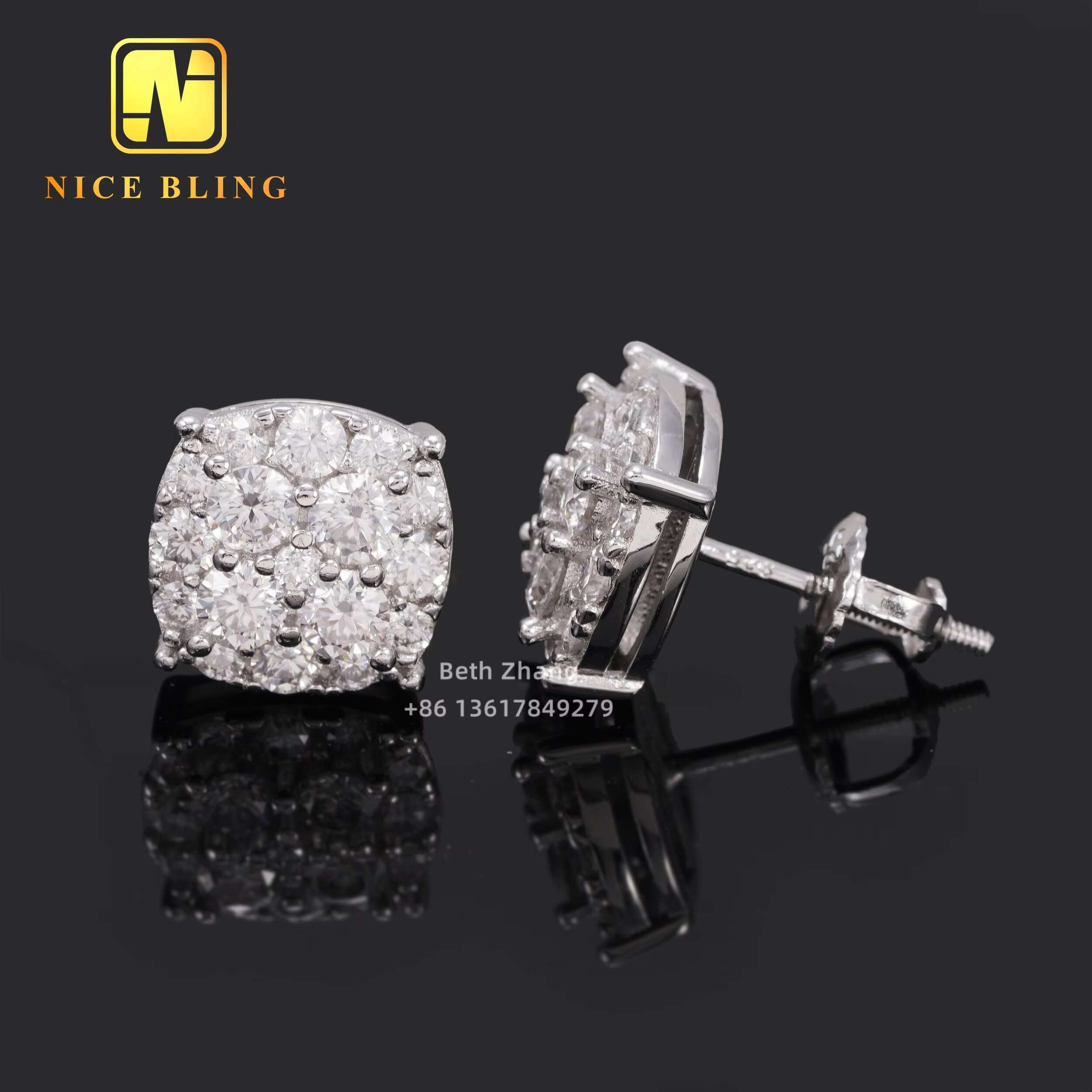 18K Gold Plated Hip Hop Jewelry Earrings Screw Back Sterling Silver Moissanite Diamond Ear Studs for Men Women