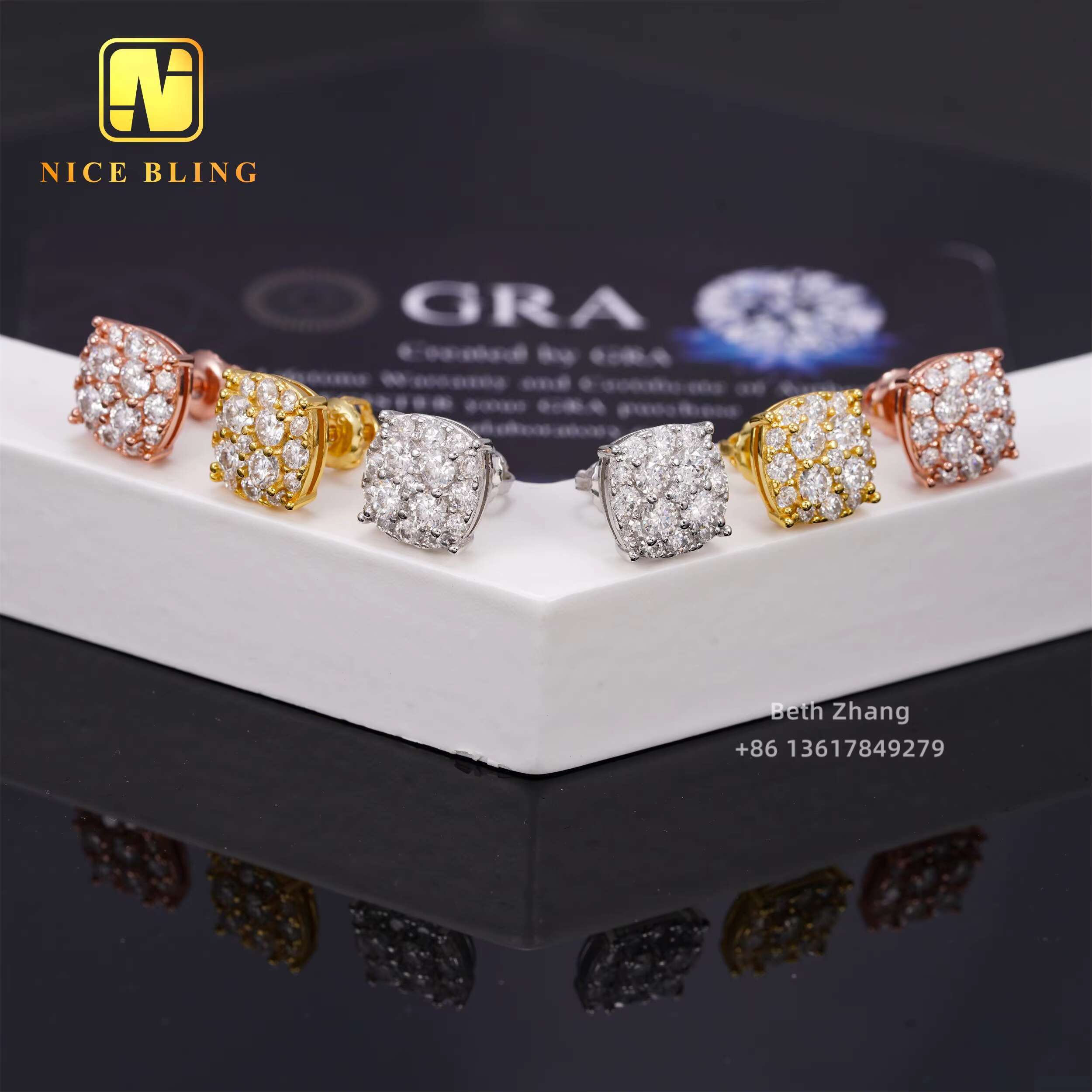18K Gold Plated Hip Hop Jewelry Earrings Screw Back Sterling Silver Moissanite Diamond Ear Studs for Men Women