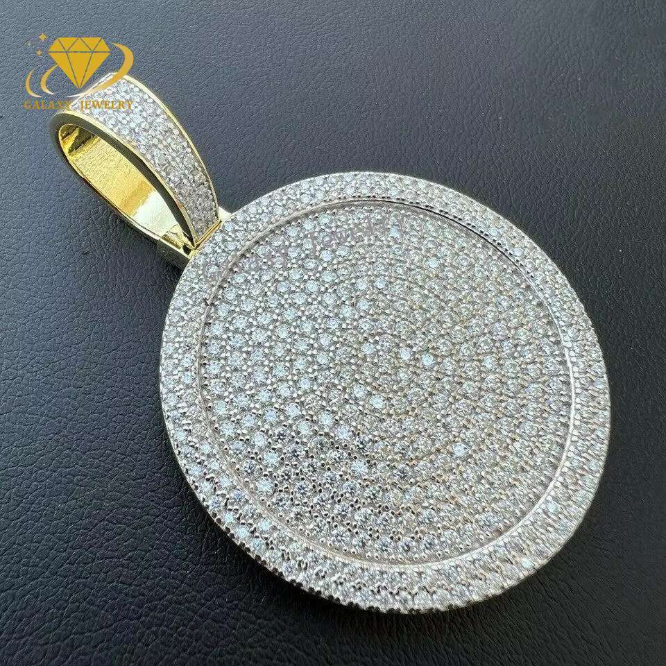Custom Moissanite Pendant Silver 925 Iced Out Moissanite Diamond Circle Shaped Disk Circle Diamond Pendant With Necklace